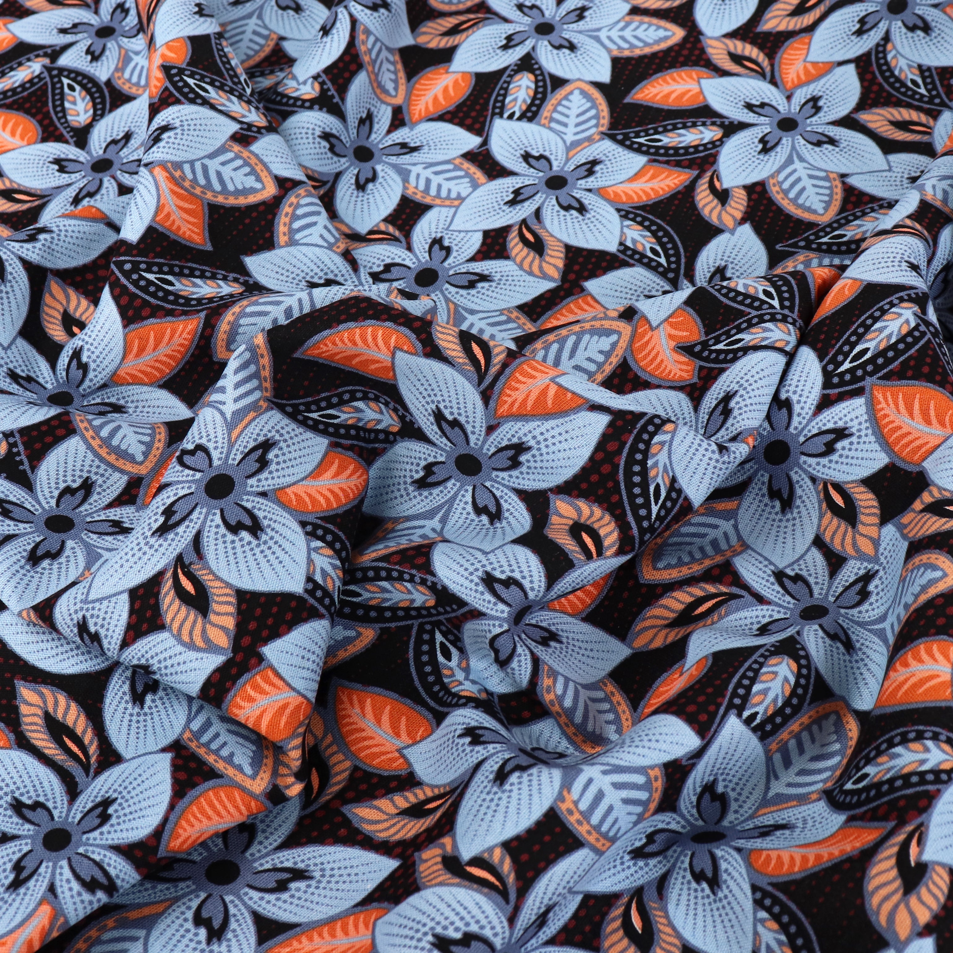 Viscose Linen Fabric - Indy Flower Pattern in Blue & Orange - 70cm End of Bolt - Perfect for DIY Clothing, Home Decor & Craft Projects