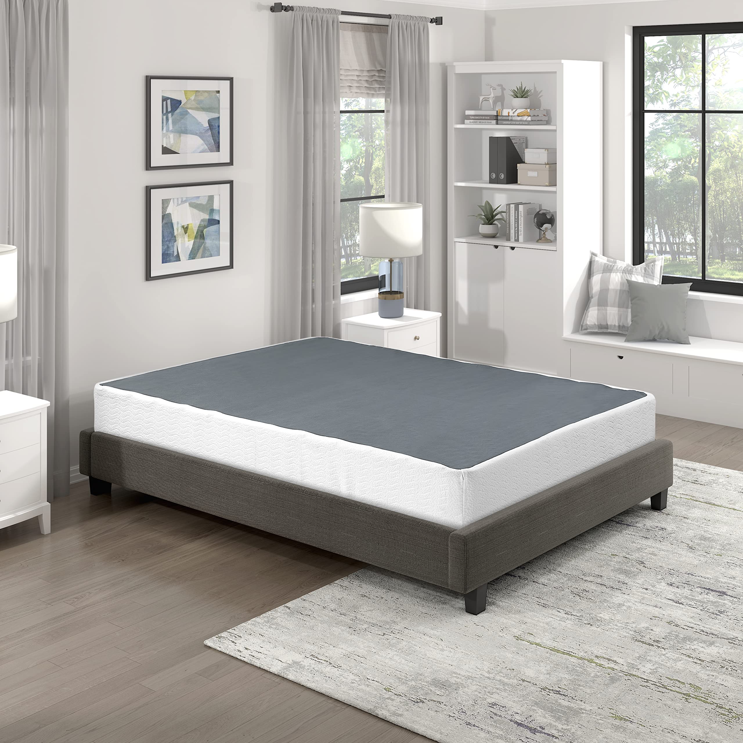 Lexicon Linden Mattress Foundation - Queen Size Bed Frame with Strong Support, White Wooden Slats - Perfect for Bedroom, Guest Room & Dormitory Furniture