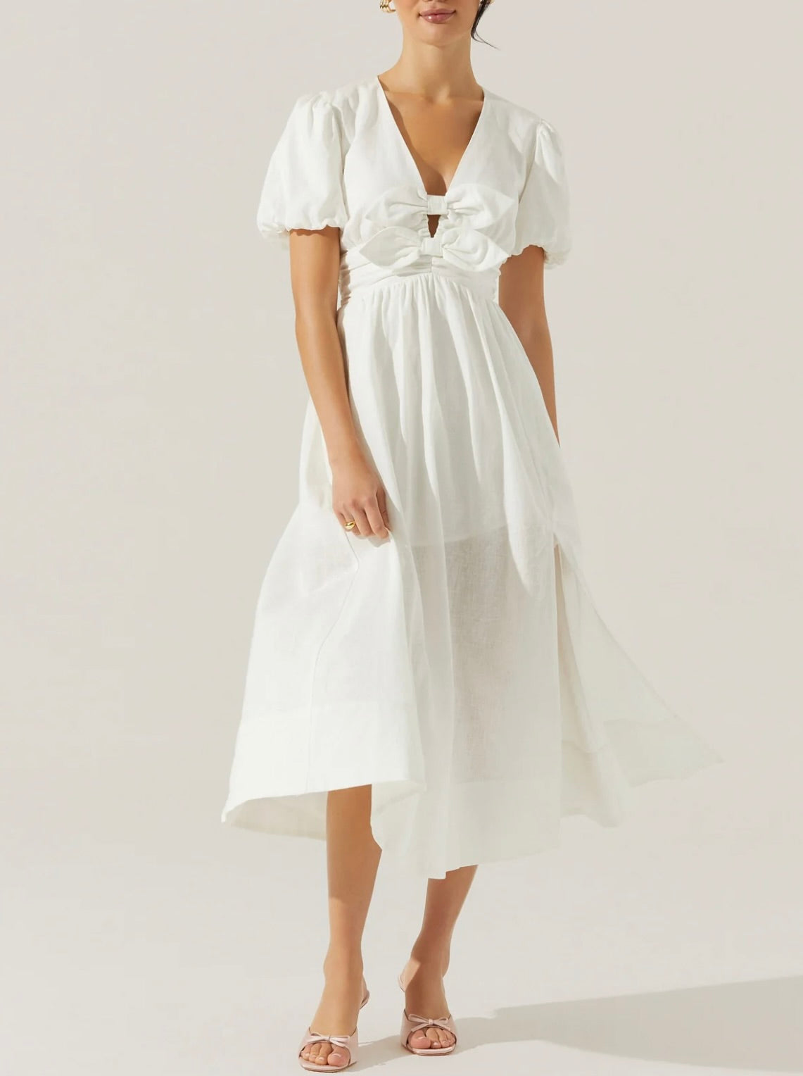 Elegant Citrine Linen Bow Front Midi Dress for Women - Summer Casual & Wedding Guest Outfit - Perfect for Beach Vacations, Garden Parties & Date Nights