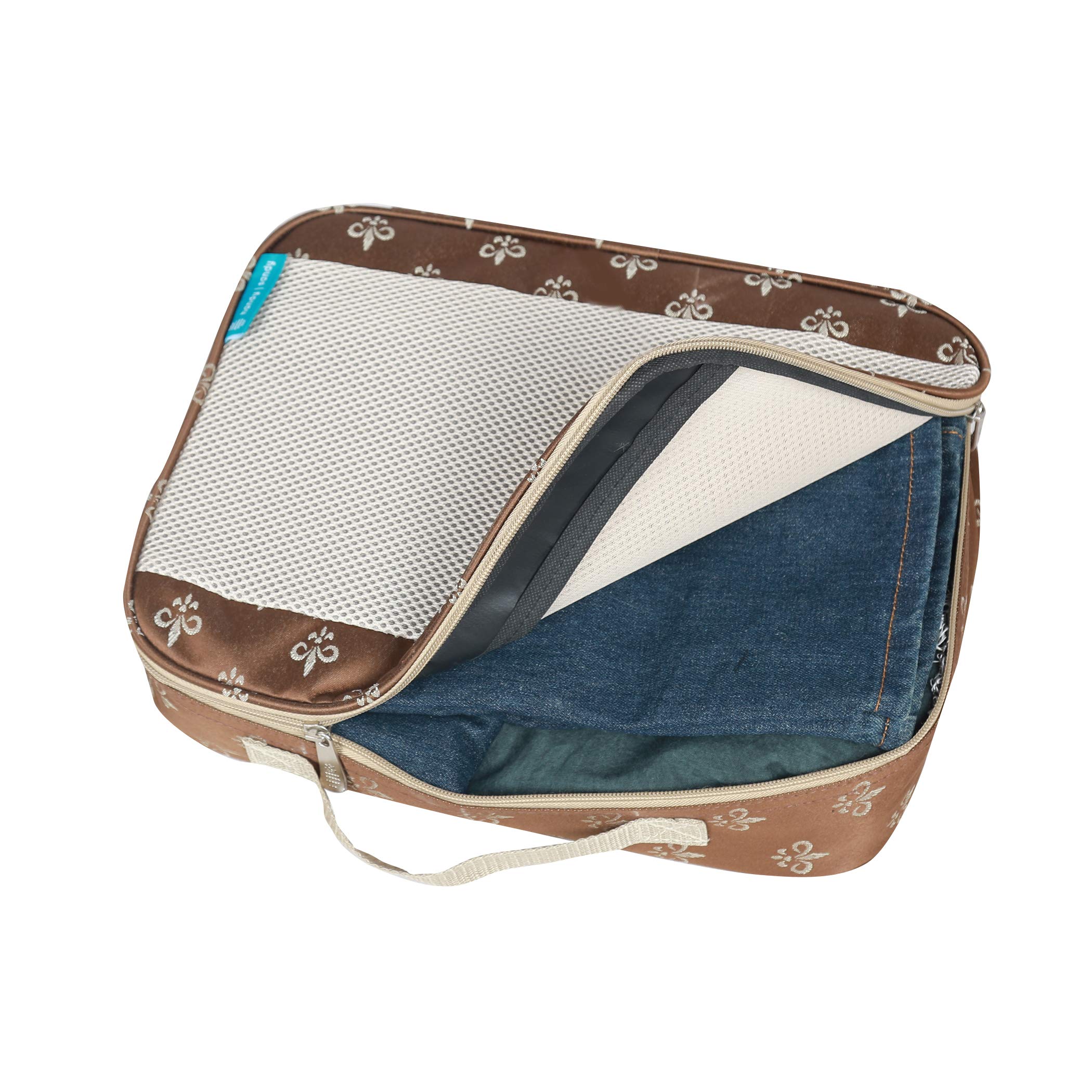Premium 5-Piece Travel Packing Cubes Set - Luggage Organizer with Fleur De Lis Design (Brown) - Perfect for Business Trips, Vacations & Backpacking