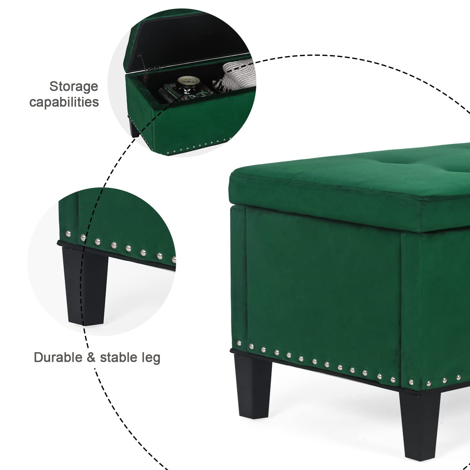 Joveco 41 Inch Storage Ottoman Bench with Button Tufted Design, Microfiber Upholstered Footrest for Living Room, Bedroom & Entryway - DIY Assembly (Green) - Perfect for Extra Seating, Hidden Storage & Home Decor