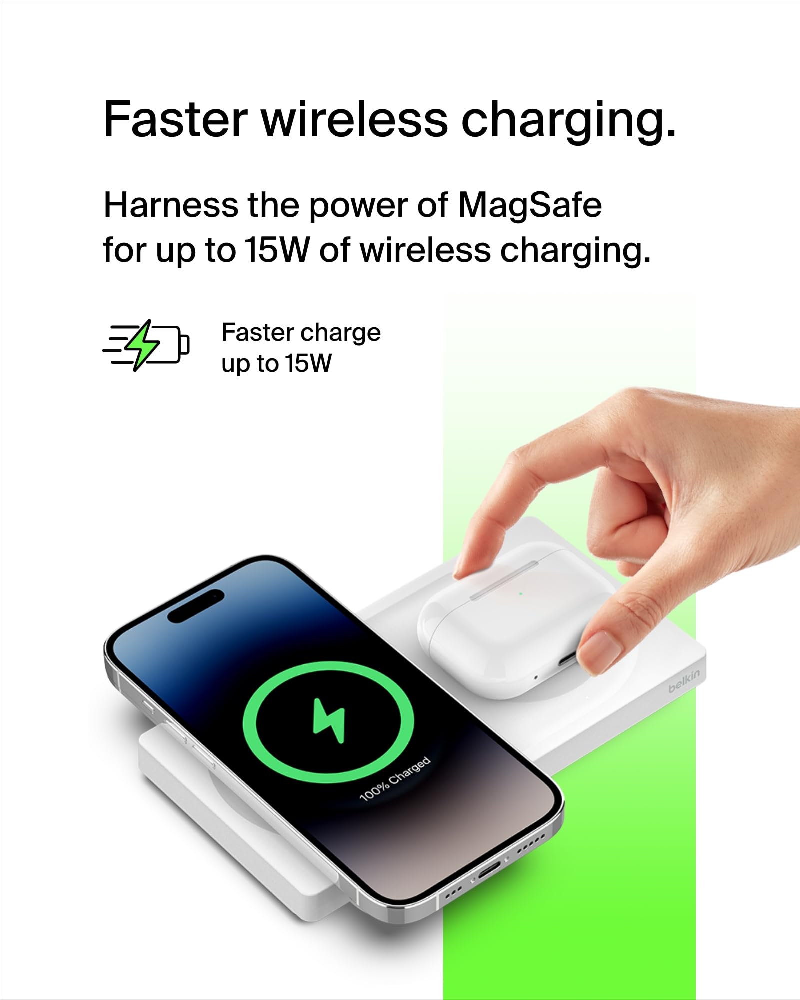 Belkin 2-in-1 MagSafe Wireless Charging Pad 15W Fast Charger - Compatible with iPhone 16/15/14/13 Series, AirPods & MagSafe Devices - White | Perfect for Bedside, Office & Travel Charging Station