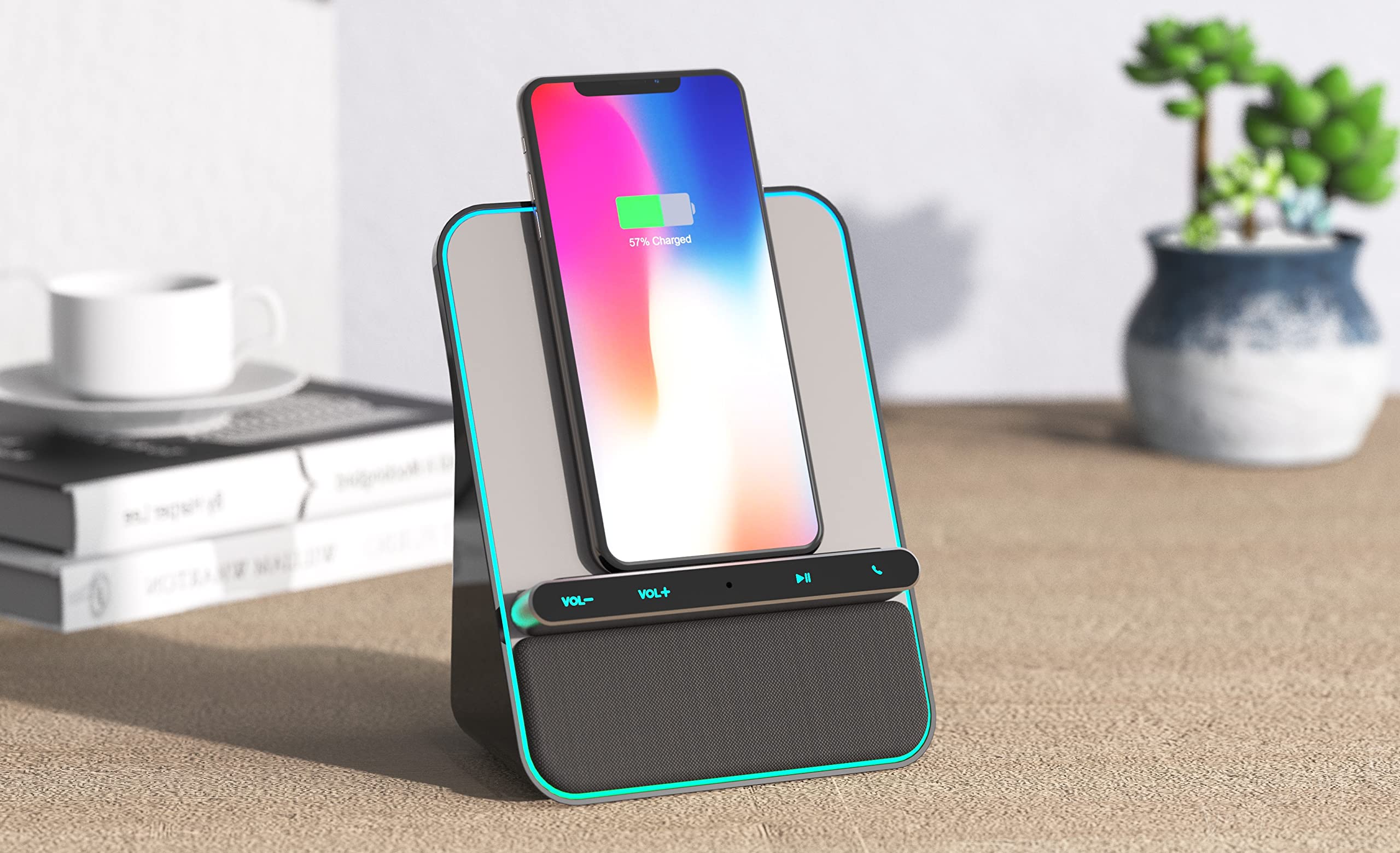 Azpen Wireless Charging Audio Dock with Dual 8W Bluetooth Speakers, Upgraded Mic for Hands-Free Calls - Qi Wireless Charger for iPhone 15/14/13/12/11 & Samsung S23/S22/S21/S20 - Perfect for Home Office, Bedroom & Car Use