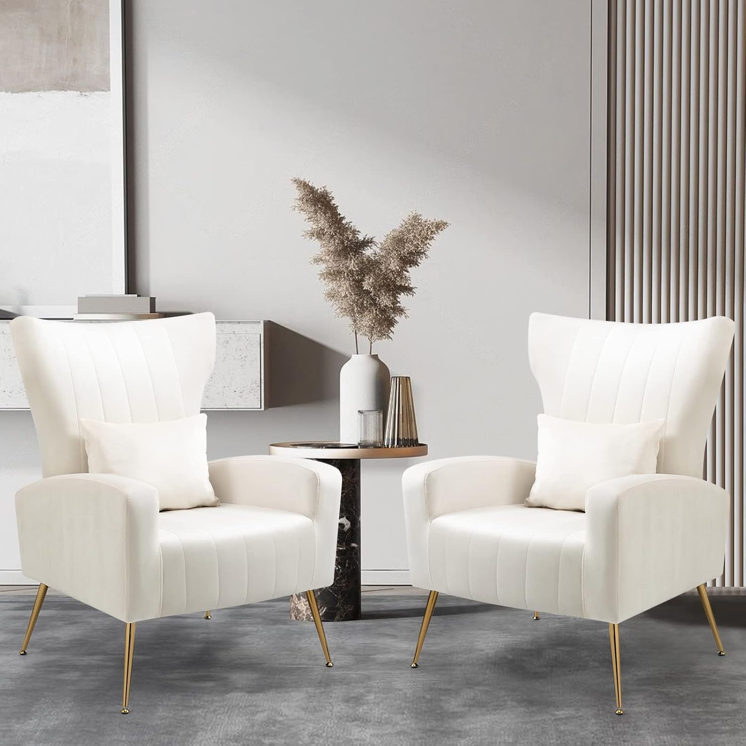 X-VOLSPORT Velvet Accent Chairs Set of 2 - Mid Century Modern High Back Living Room Chairs with Waist Pillow | Upholstered Armchairs with Gold Metal Legs for Bedroom, Living Room & Club | Perfect for Home Decor, Lounge & Relaxation