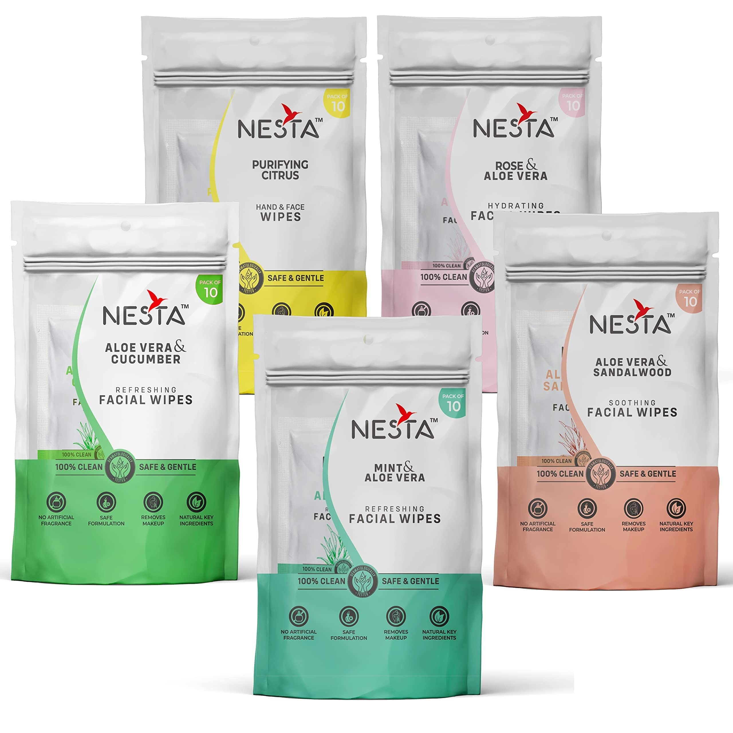 Nesta Wet Wipes for Face - Rose, Lemon, Mint, Cucumber & Sandalwood with Aloe Vera | Daily Cleansing, Refreshing & Moisturizing Facial Wipes | Anti-Acne & Soothing | 10 Count Each (Pack of 5) | Perfect for Travel, Gym & On-the-Go Skincare