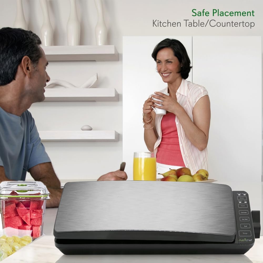 NutriChef PKVS35STS 110W Automatic Food Vacuum Sealer Machine with 2 Seal Modes - Stainless Steel Vacuum Sealer for Meat, Sous Vide, Meal Prep & Food Preservation - Includes Vacuum Roll Bags & Air Hose - Perfect for Kitchen, Camping & Bulk Food Storage