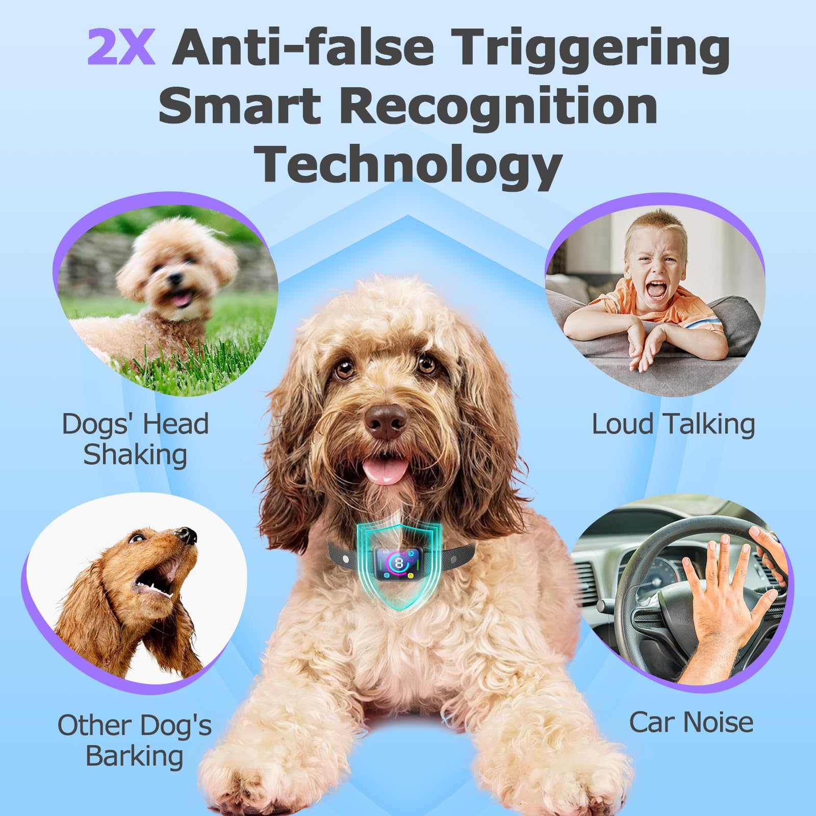 Humane No Shock Dog Bark Collar for Small & Medium Dogs - Rechargeable Anti-Barking Collar with 2 Vibration Modes, Beep & 8 Sensitivity Levels - Smart Bark Control for Indoor/Outdoor Use (Black)
