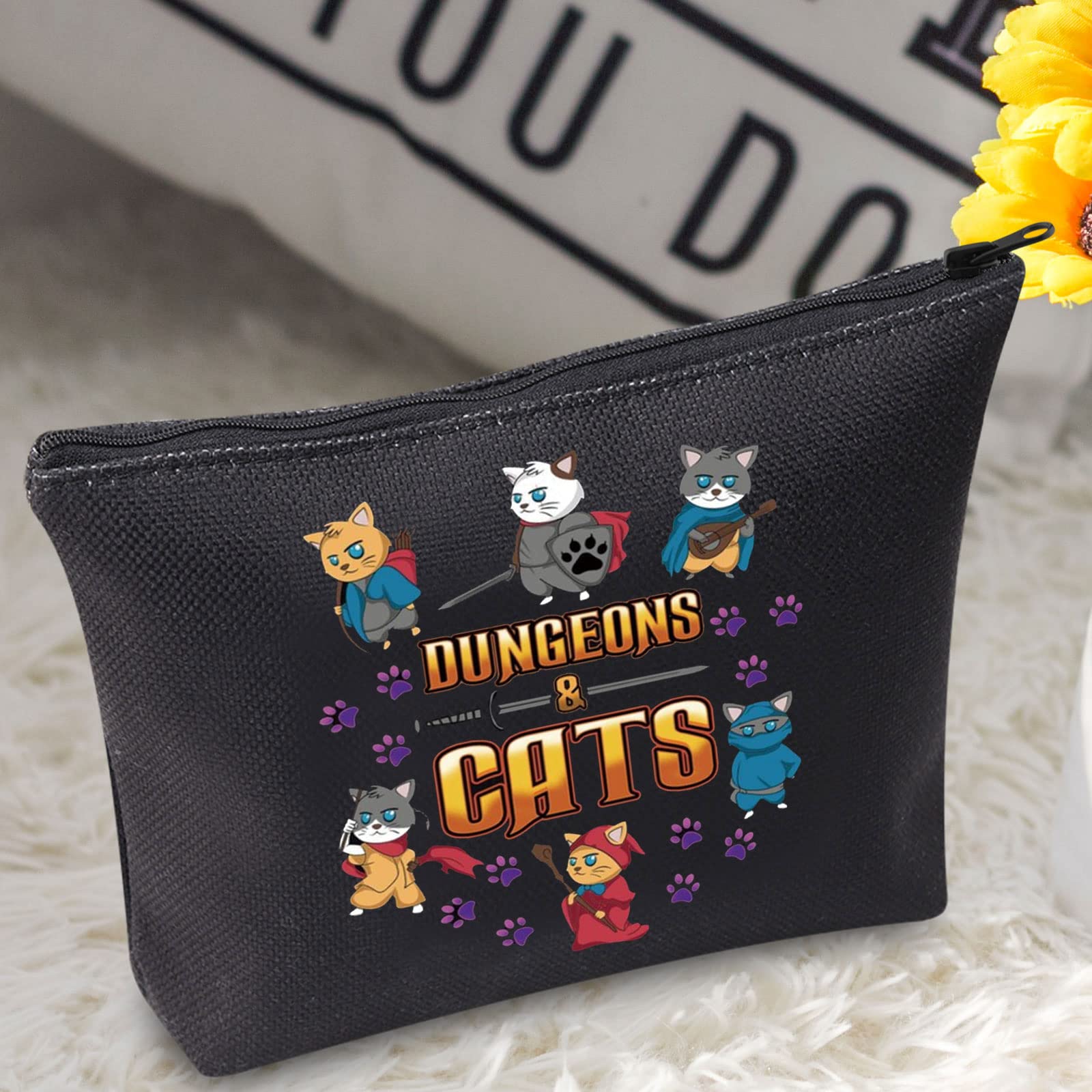 Dungeons and Cats Themed Makeup Bag - D20 Dice Dragon Master Zipper Pouch for RPG Gamers | Perfect for Cosplay, D&D Sessions & Fantasy Gift Giving