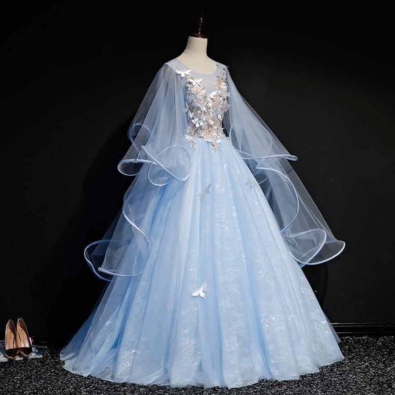 Elegant Blue Long Sleeve Ball Gown Dress for Sweet 16 Birthday Party | Butterfly Embroidery Formal Gown | Perfect for Quinceañera, Prom, Homecoming & Special Occasions