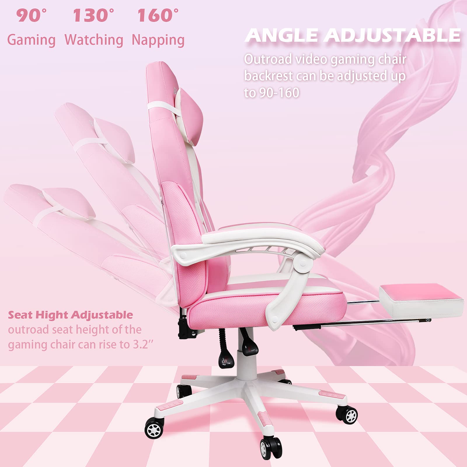 LEMBERI Pink Gaming Chair with Footrest - Ergonomic Kawaii Cute Gamer Chair for Girls, Computer Video Game Chair with Adjustable Headrest & Lumbar Support - Perfect for Streaming, Esports & Home Office Setup