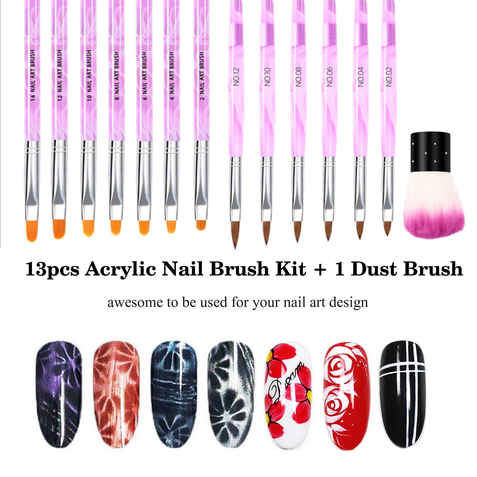 14pcs Acrylic Nail Brush Kit - Professional Nail Art Design Pen Set with UV Builder Brush & Dust Brush Tools (Multicolor) for Salon, Home Manicure & DIY Nail Art