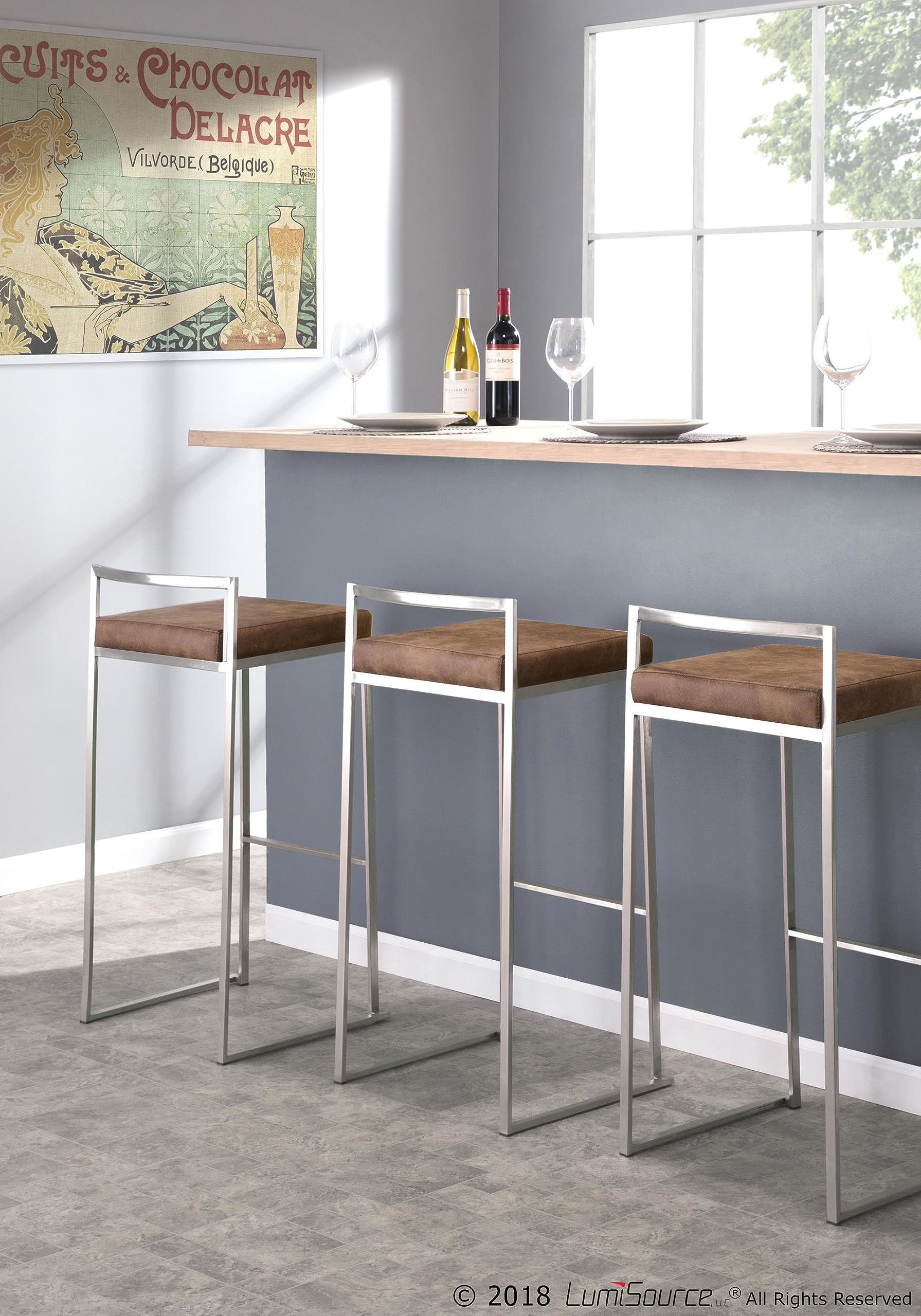 Fuji Stacker Bar Stool Set of 2 - Modern Counter Height Bar Chairs with Backrest - Perfect for Kitchen Island, Home Bar & Dining Room Decor