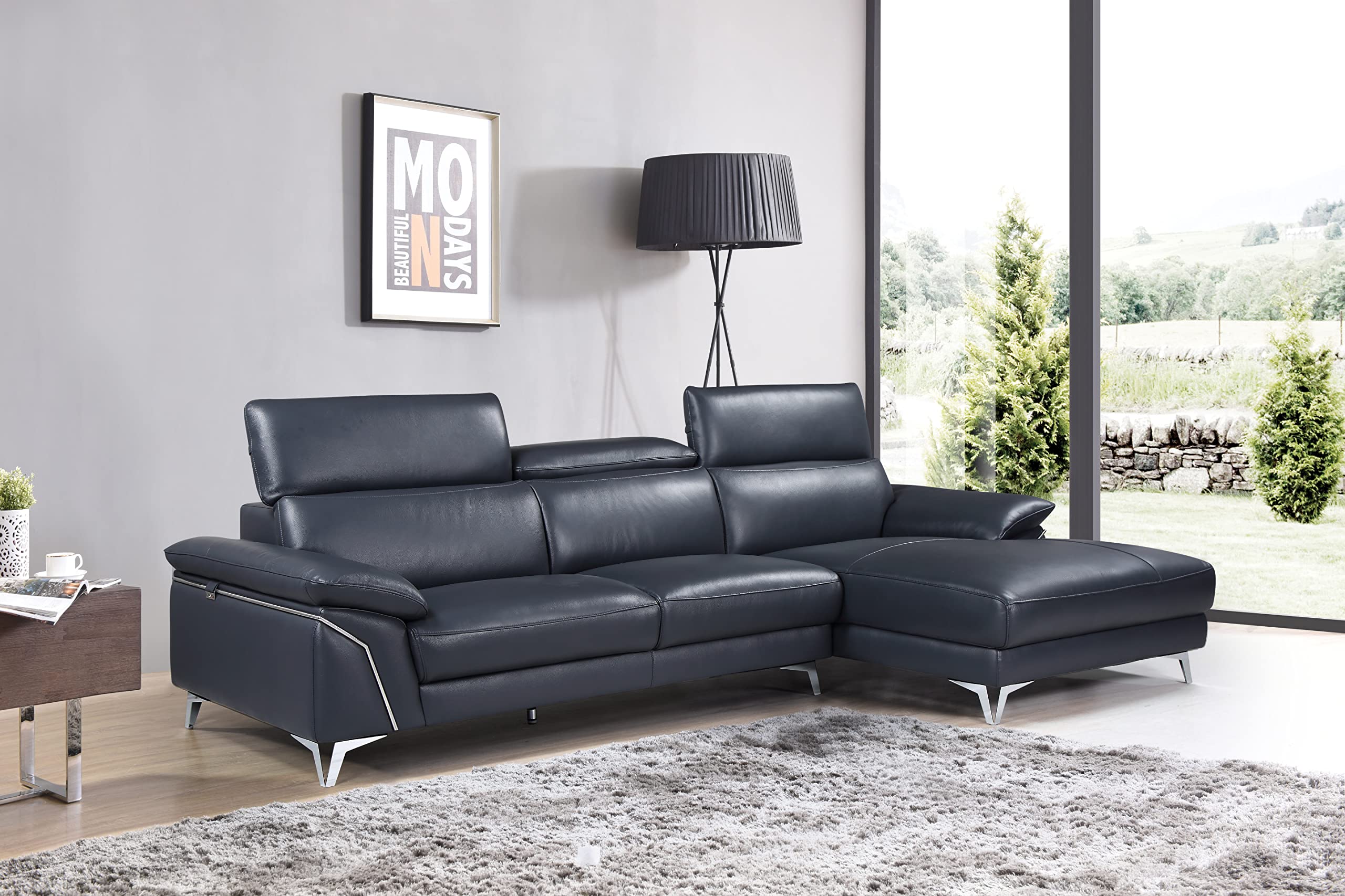 Blackjack Furniture Naples Italian Leather Sectional Sofa with Adjustable Headrests - Right Facing Navy Blue Sectional for Living Room | Premium Comfort for Family Gatherings & Movie Nights
