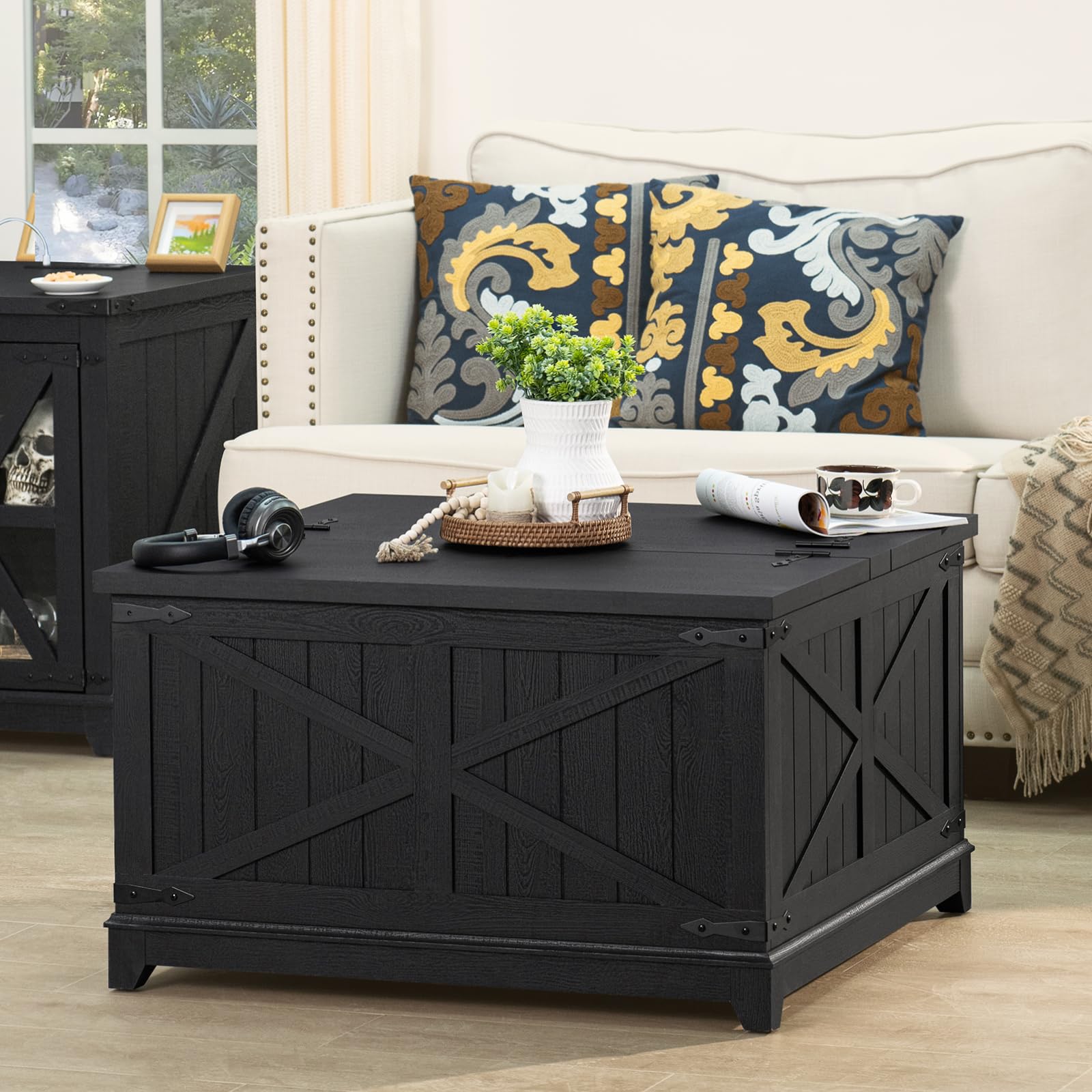 3-Piece Farmhouse Coffee Table Set with Charging Station & Hidden Storage - Large End/Side Tables & Coffee Table - Black Wood Living Room Furniture for Home, Office & Family Gatherings
