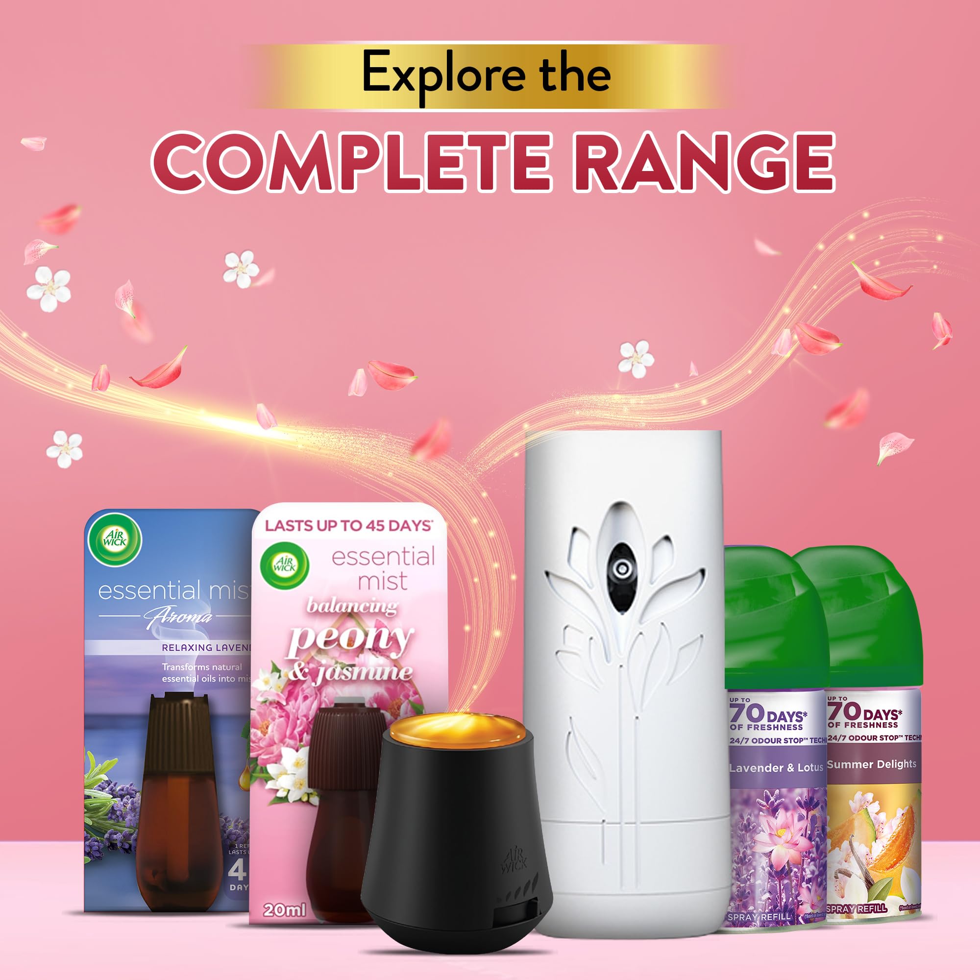 Air Wick Automatic Fragrance Diffuser Kit with Peony & Jasmine Refill (20ml) | Essential Oil Mist for Home, Office & Bathroom | Natural Air Freshener & Aromatherapy Diffuser for Relaxation & Stress Relief