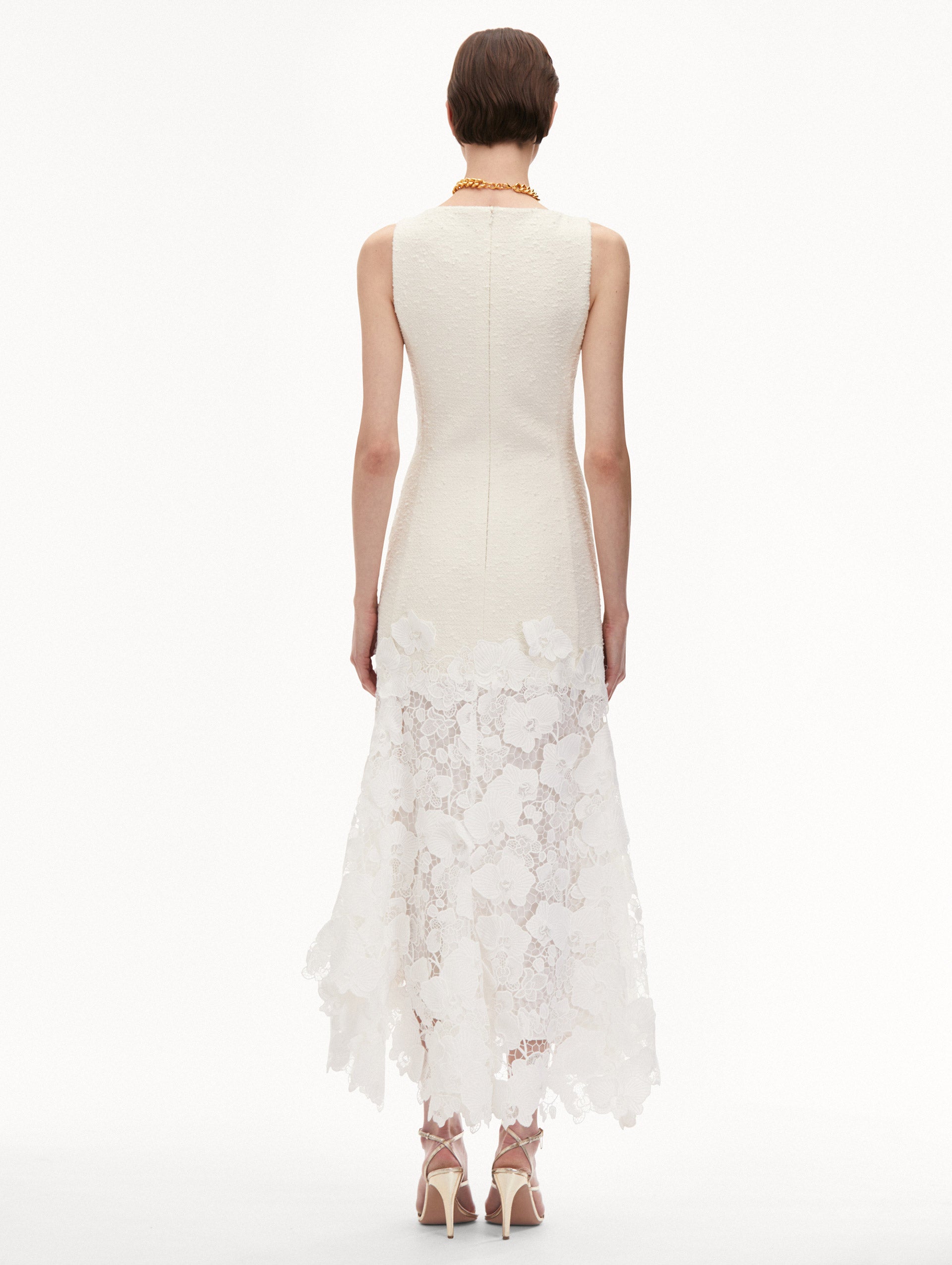 Elegant Orchid Guipure & Tweed Sleeveless Dress for Women - Perfect for Cocktail Parties, Weddings & Special Occasions