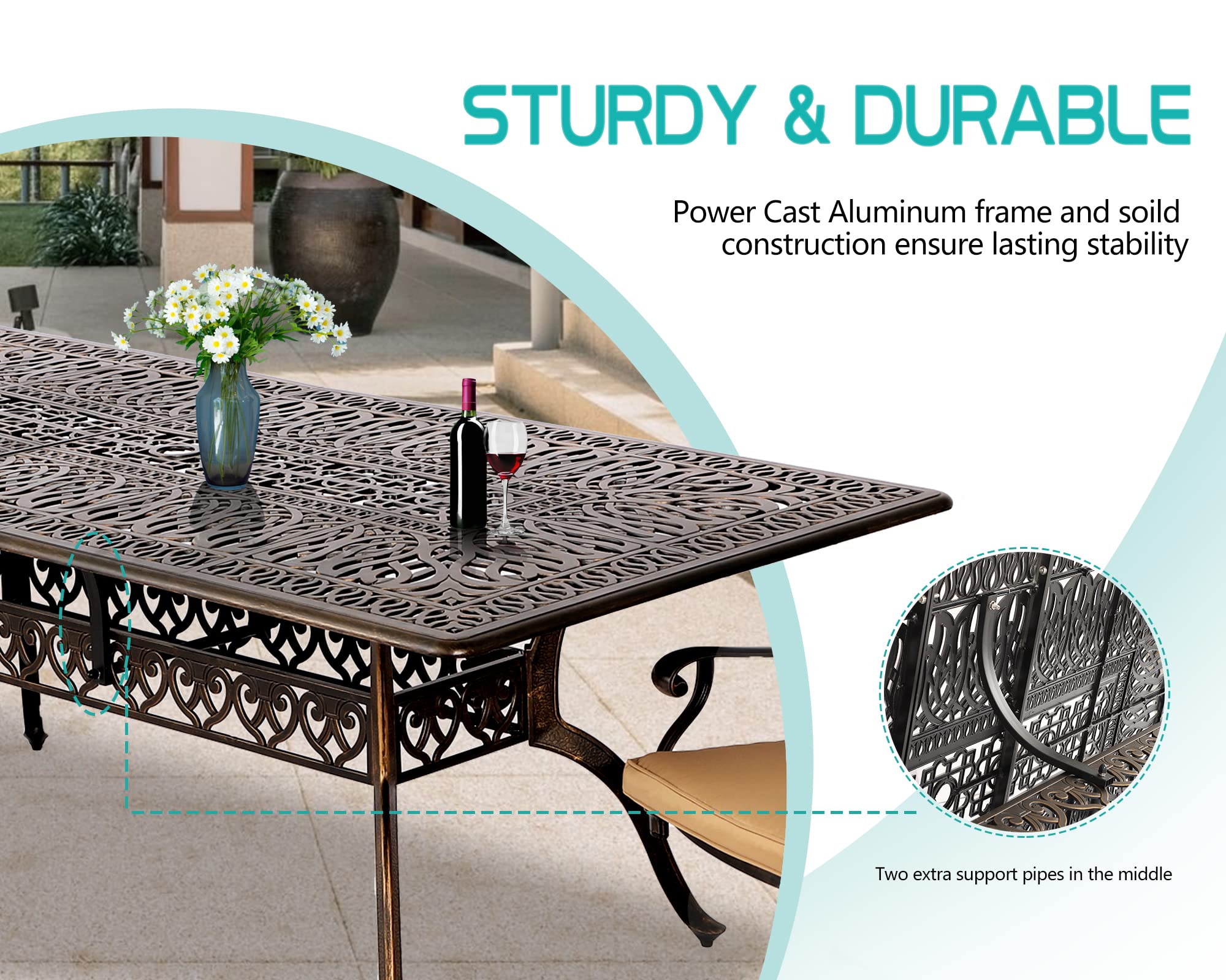 TITIMO 87 Inch Patio Dining Table - Durable Cast Aluminum Outdoor Rectangle Table with 2