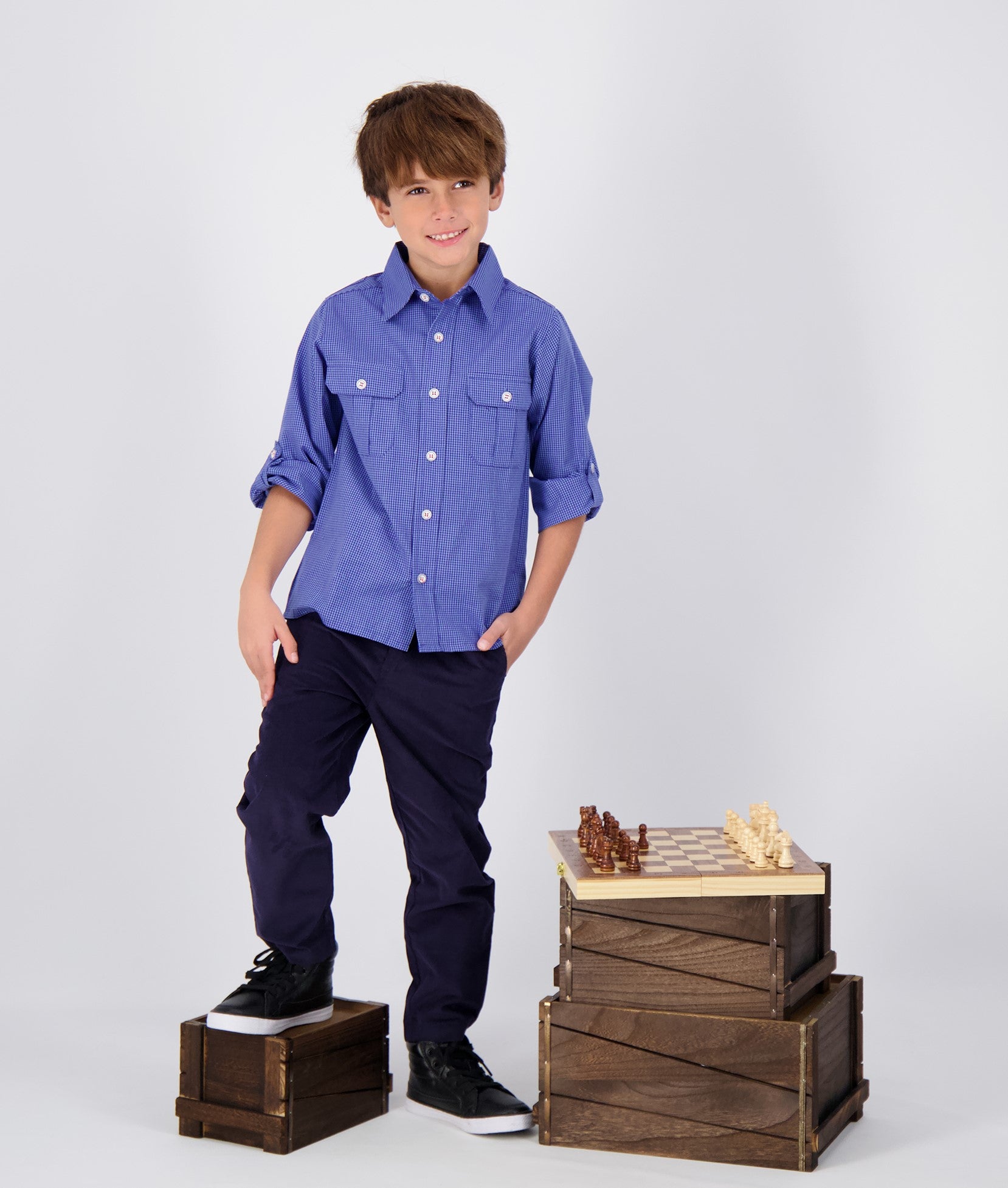 Reece Boys Camp Shirt - Navy Blue Mini Check Plaid Button Up Shirt for Kids | Casual Summer Outfit, School Wear & Outdoor Activities