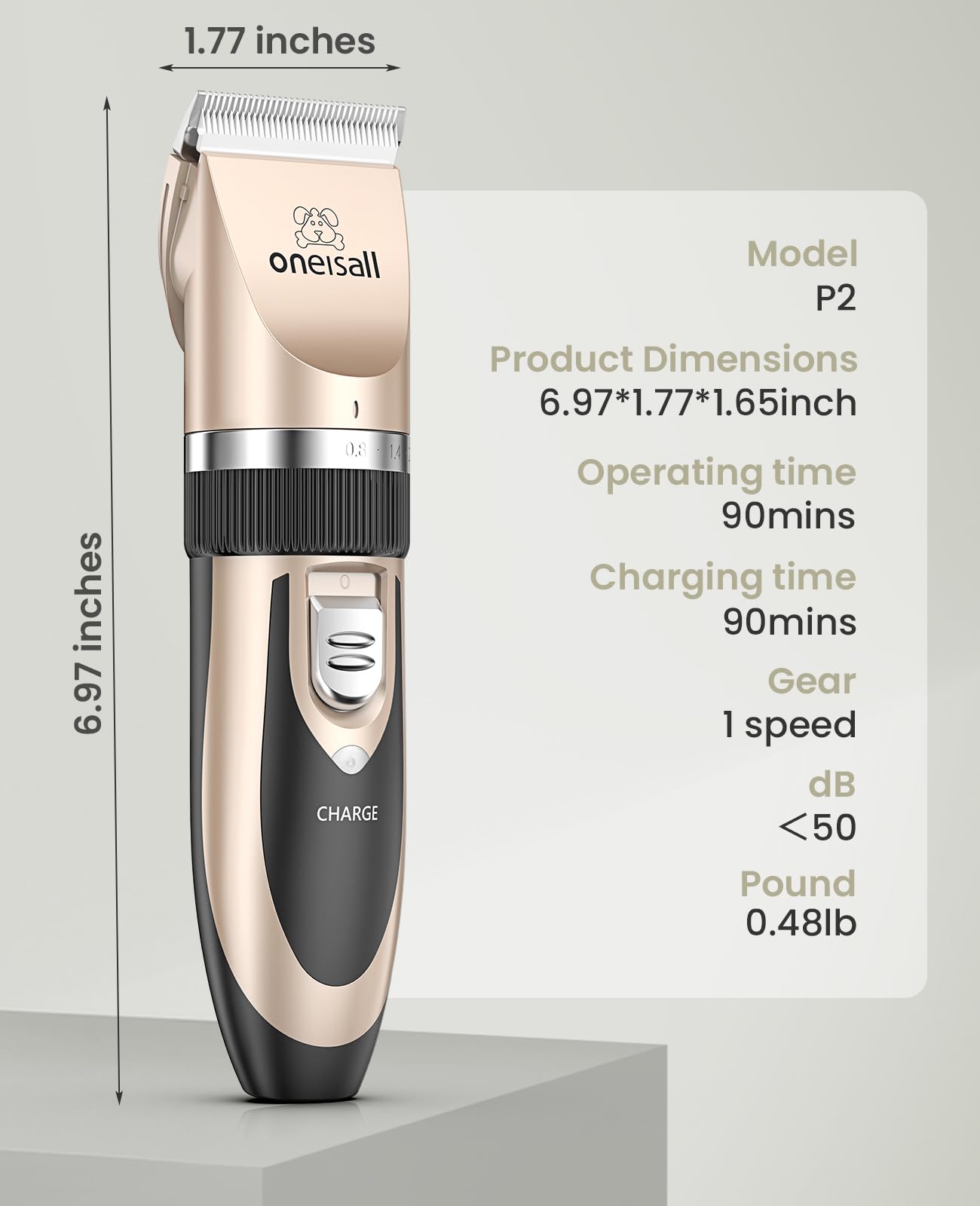 Oneisall Low Noise Rechargeable Cordless Dog & Cat Hair Clipper Set - Quiet Pet Grooming Kit with Dog Shaver for Professional Home Grooming (Gold) - Perfect for Trimming, Shaping & Maintaining Your Pet's Coat at Home