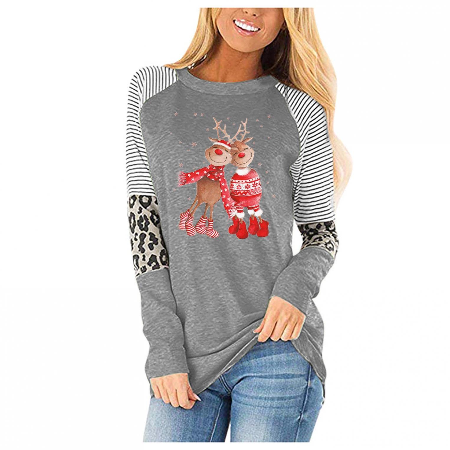 Funny Christmas Reindeer Print Women's Long Sleeve Tunic Tops - Casual Raglan Sleeve Blouse for Holiday Parties & Festive Fall Fashion