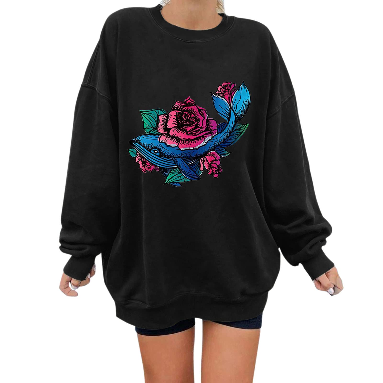 Women's Loose Fit Hooded Sweatshirt - Floral Print Long Sleeve Warm Pullover for Casual Wear, Lounge & Fall Fashion
