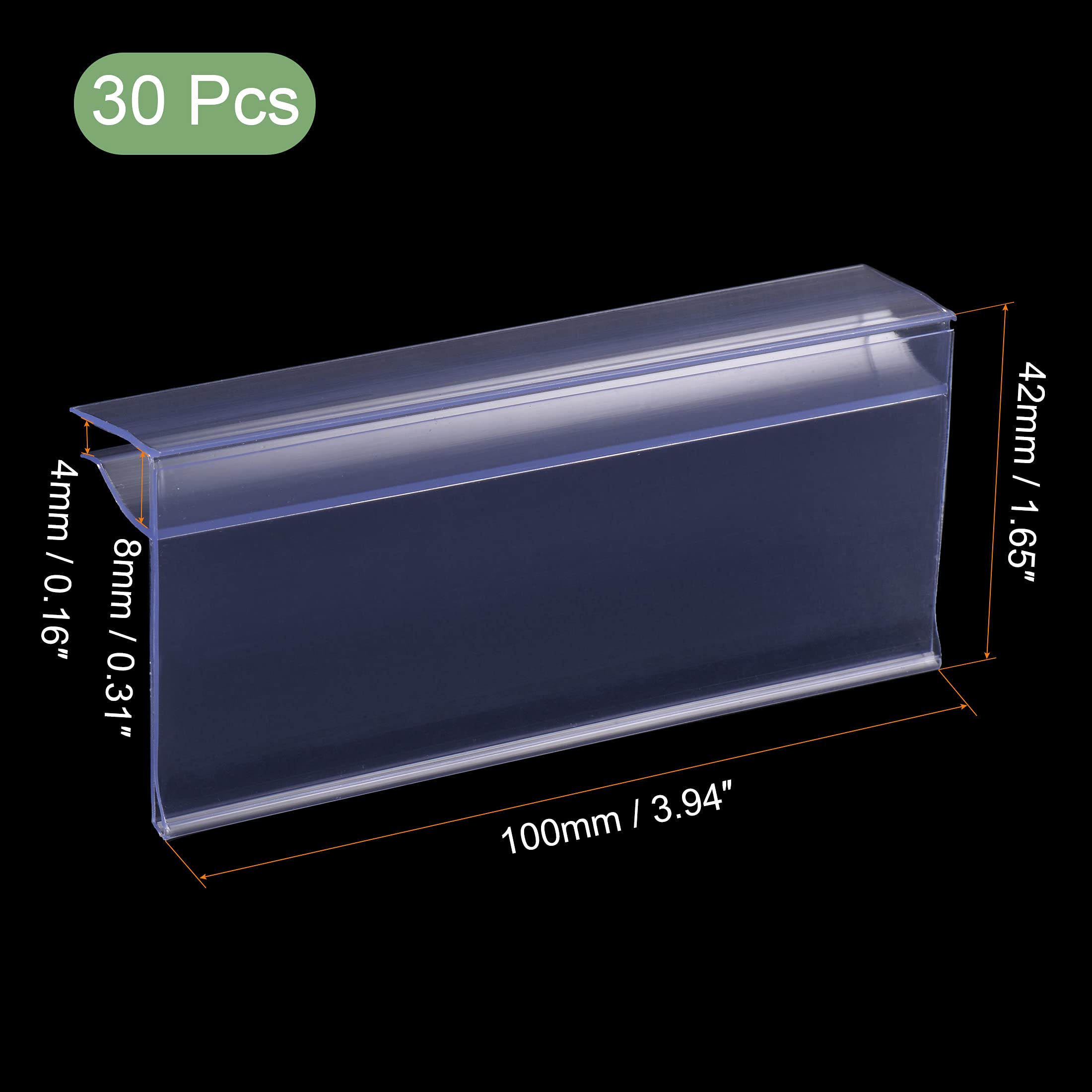 Meccanixity Clear Plastic Label Holder 100x42mm for 4-8mm Glass Shelves - Pack of 30 | Perfect for Retail Stores, Pantry Organization & Product Labeling