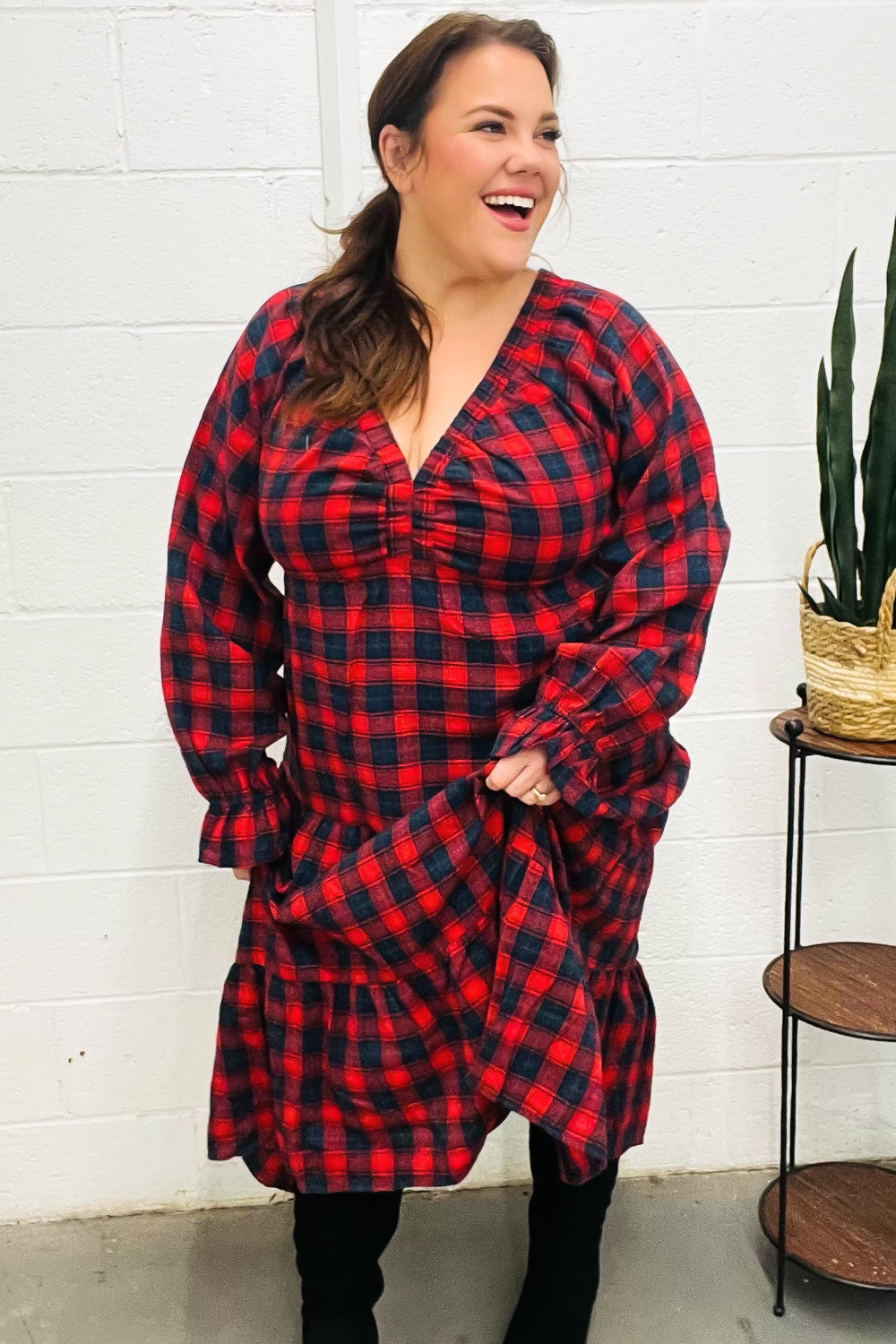 Stylish Red Plaid Elastic V-Neck Tiered Maxi Dress for Women | Flowy Long Summer Dress | Perfect for Beach, Vacation & Casual Outings