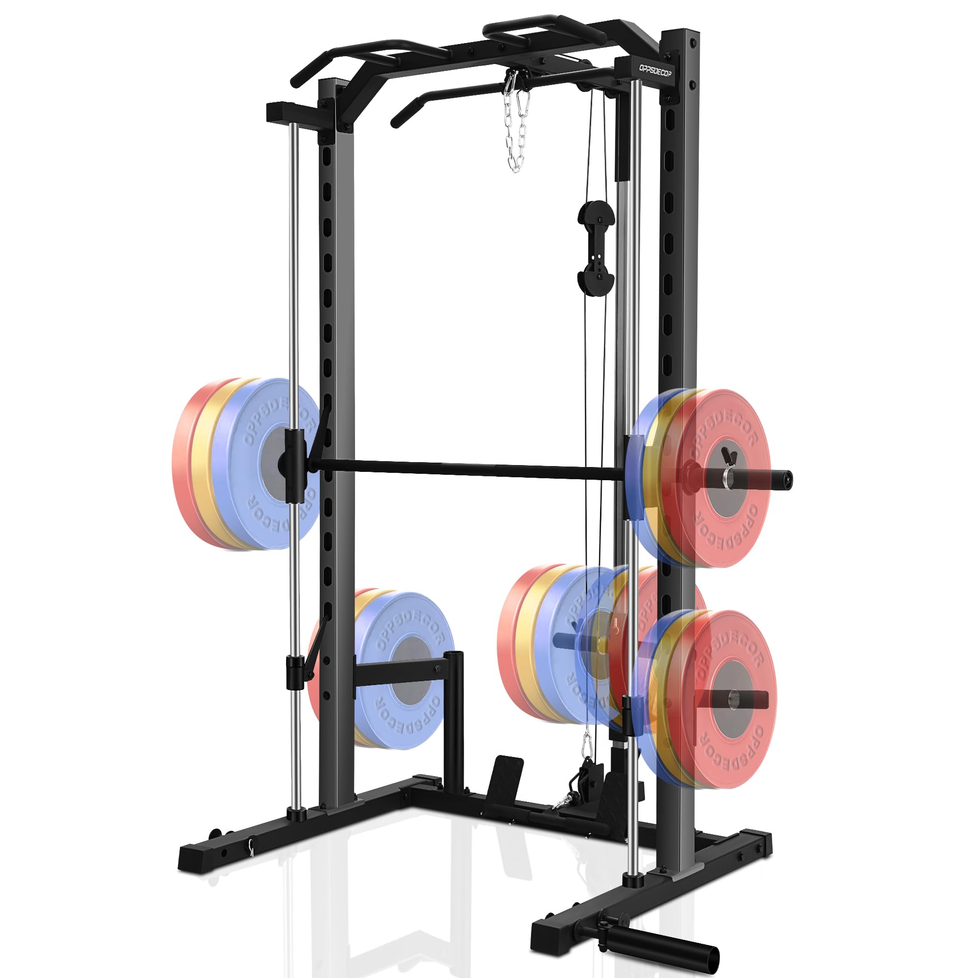 OPPSDECOR 1400LBS Smith Machine Power Rack - Heavy Duty Squat Rack with Smith Bar for Full Body Workout | Home Gym System with LAT Pulldown, Cable Crossover & Training Attachments | Perfect for Strength Training, Weight Lifting & Home Fitness