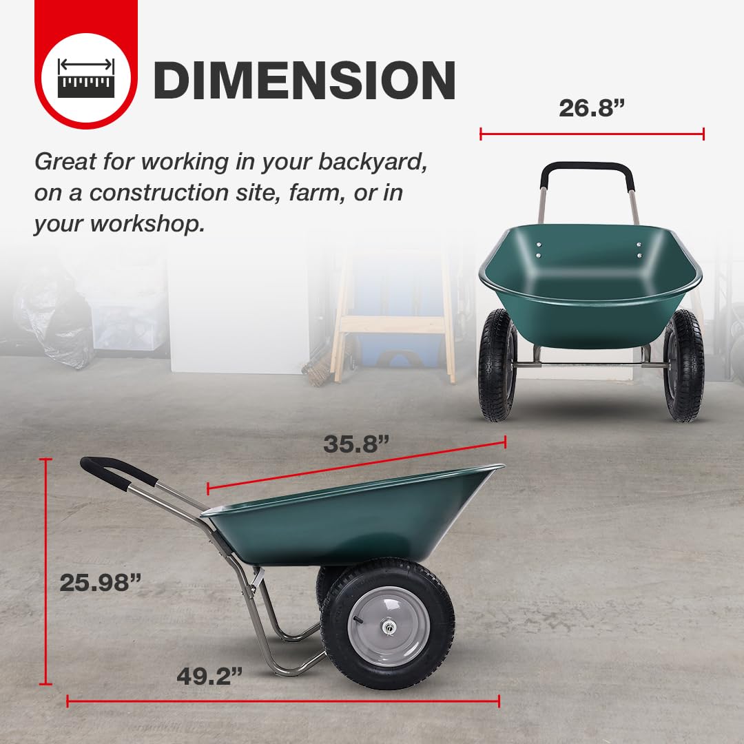 2 Wheel Heavy Duty Garden Wheelbarrow with Built-in Stand - Green Utility Yard Cart for Gardening, Landscaping & Home Improvement Projects