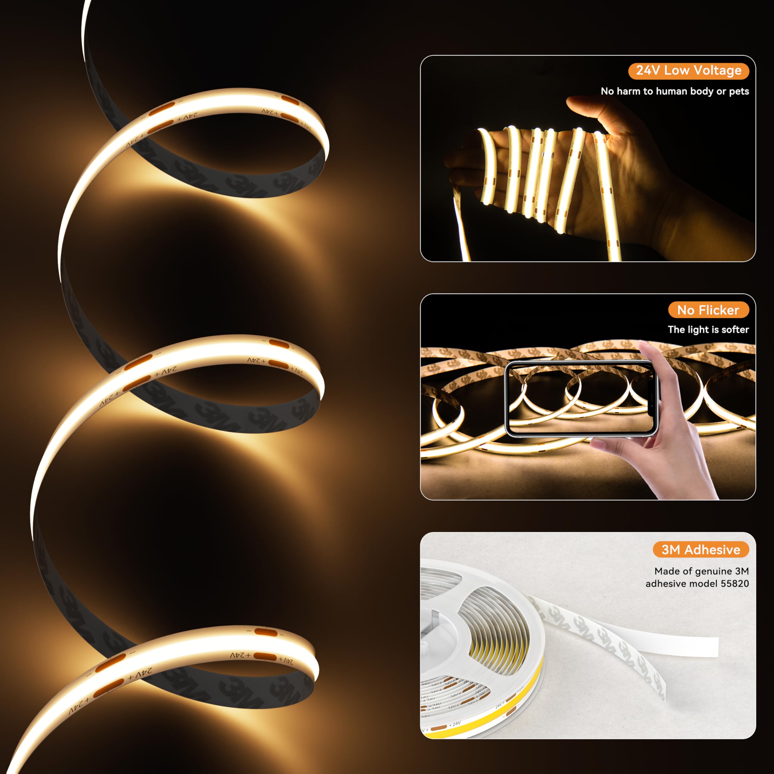 PAUTIX COB LED Strip Light 3780 LEDs - 8000 Lumen Super Bright 3000K Warm White - 24ft/7.5m Dimmable 24V LED Tape Light with 3M Adhesive & RF Remote (Timer Function) - 48W Power Adapter - Perfect for Bedroom, Kitchen, Home DIY Lighting Projects