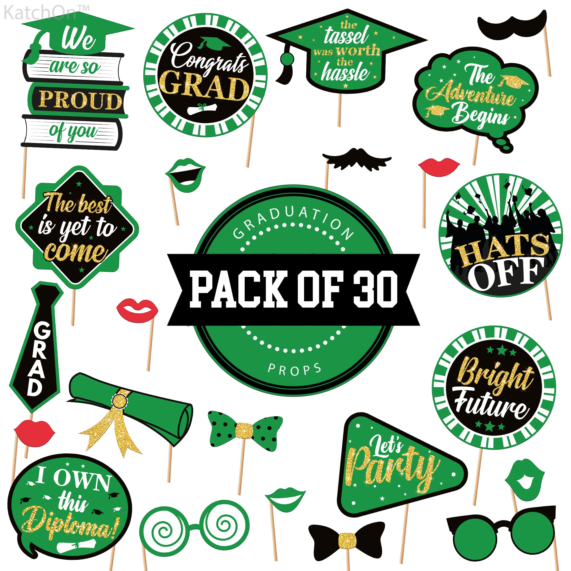KatchOn 2025 Graduation Photo Booth Props - 30-Piece Glitter Decor Set (Black & Green) | Class of 2025 Party Supplies for Graduation Photoshoots, Ceremony Backdrops & Senior Night Celebrations