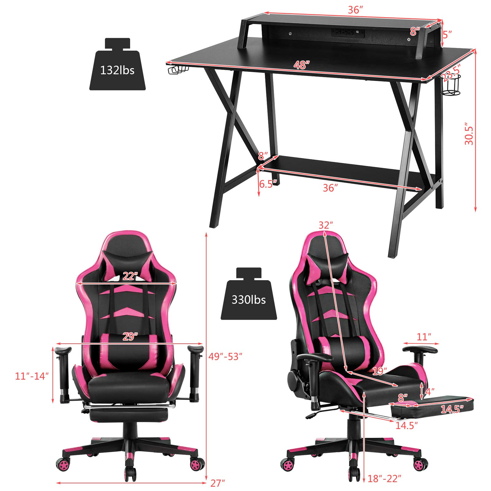 Tangkula Gaming Desk and Racing Chair Set - Ergonomic E-Sport Gamer Desk with Monitor Stand & Reclining Gaming Chair with Adjustable Height, Cup Holder, Headphone Hook - Perfect for PC Gaming Setup, Streaming Station, and Home Office Workspace