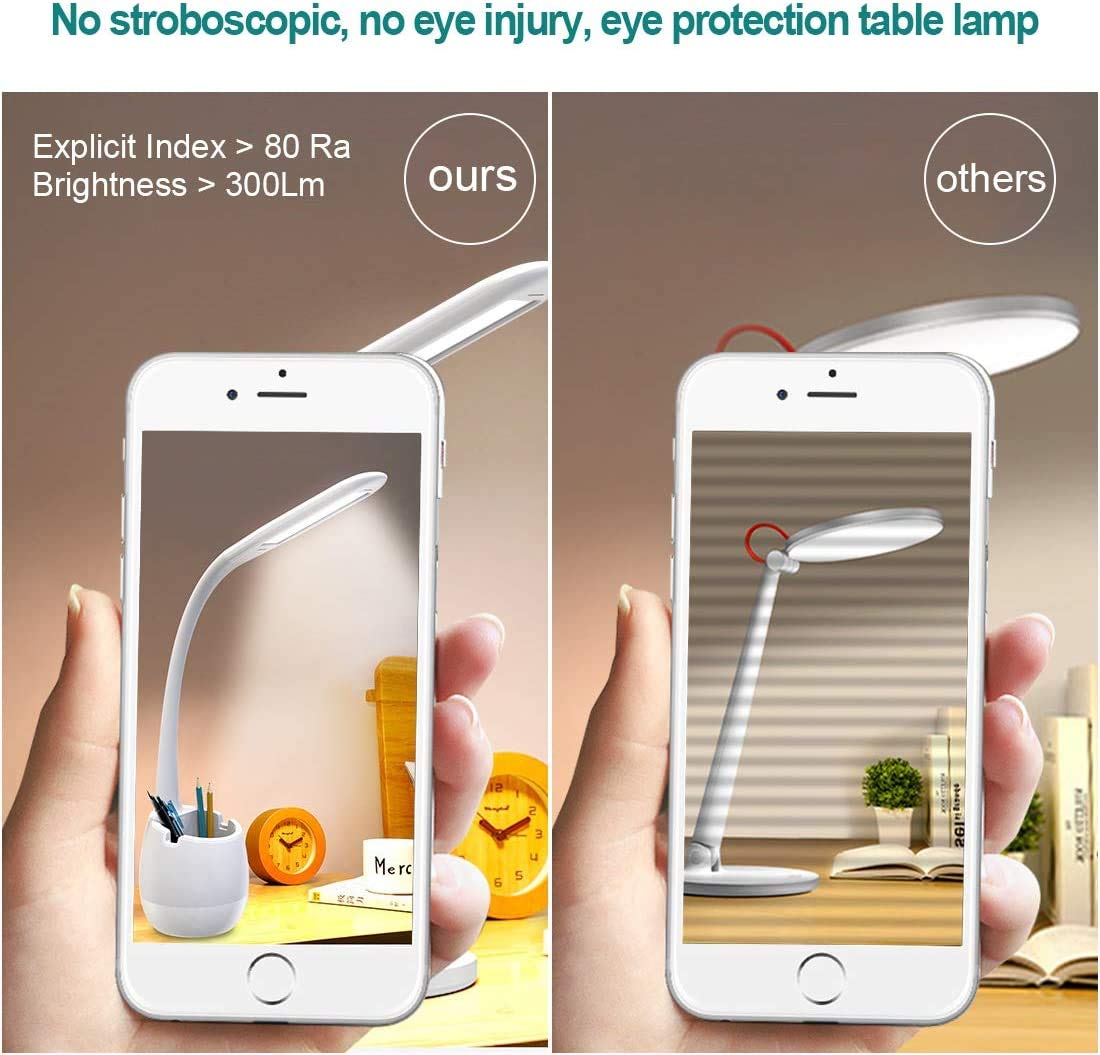Rechargeable LED Desk Lamp with Pen Holder - Dimmable Flexible Gooseneck Study Light for Home & Office | Eye-Caring Night Light for Kids, Students | Perfect for Reading, Working & Bedside Use (White)