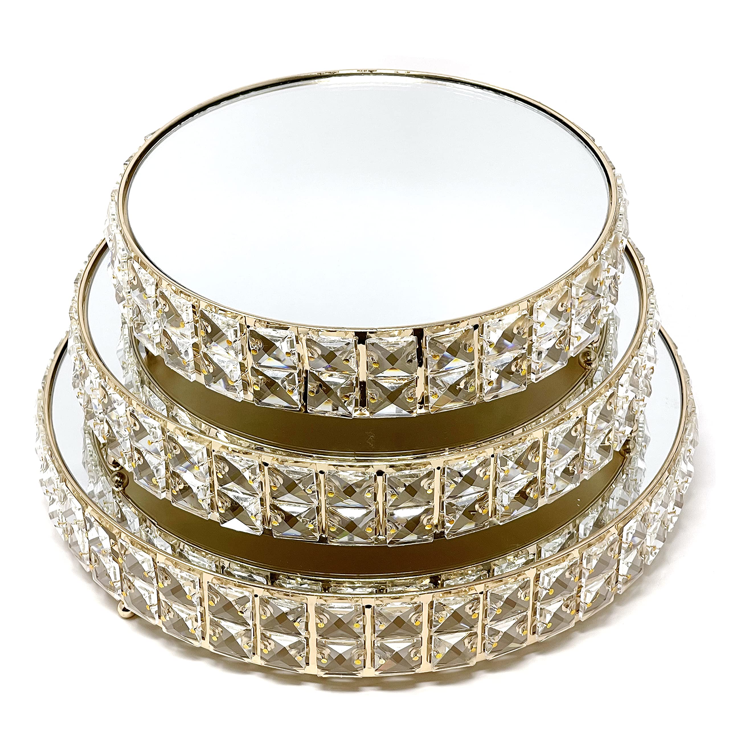 Allgala 3-Piece Gold Plated Crystal Wedding Cake Stand Set with Mirror Plate - Elegant Dessert Display for Cupcakes, Cheese & Cakes - Perfect for Weddings, Birthday Parties & Special Events (HD89202)