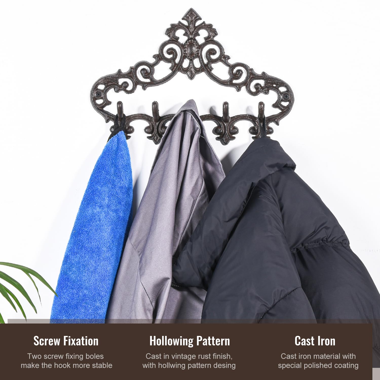 5-Hook Sungmor Cast Iron Wall Hanger - Rustic Coat & Key Organizer with Decorative Pattern - Perfect for Entryway, Mudroom & Bedroom Storage