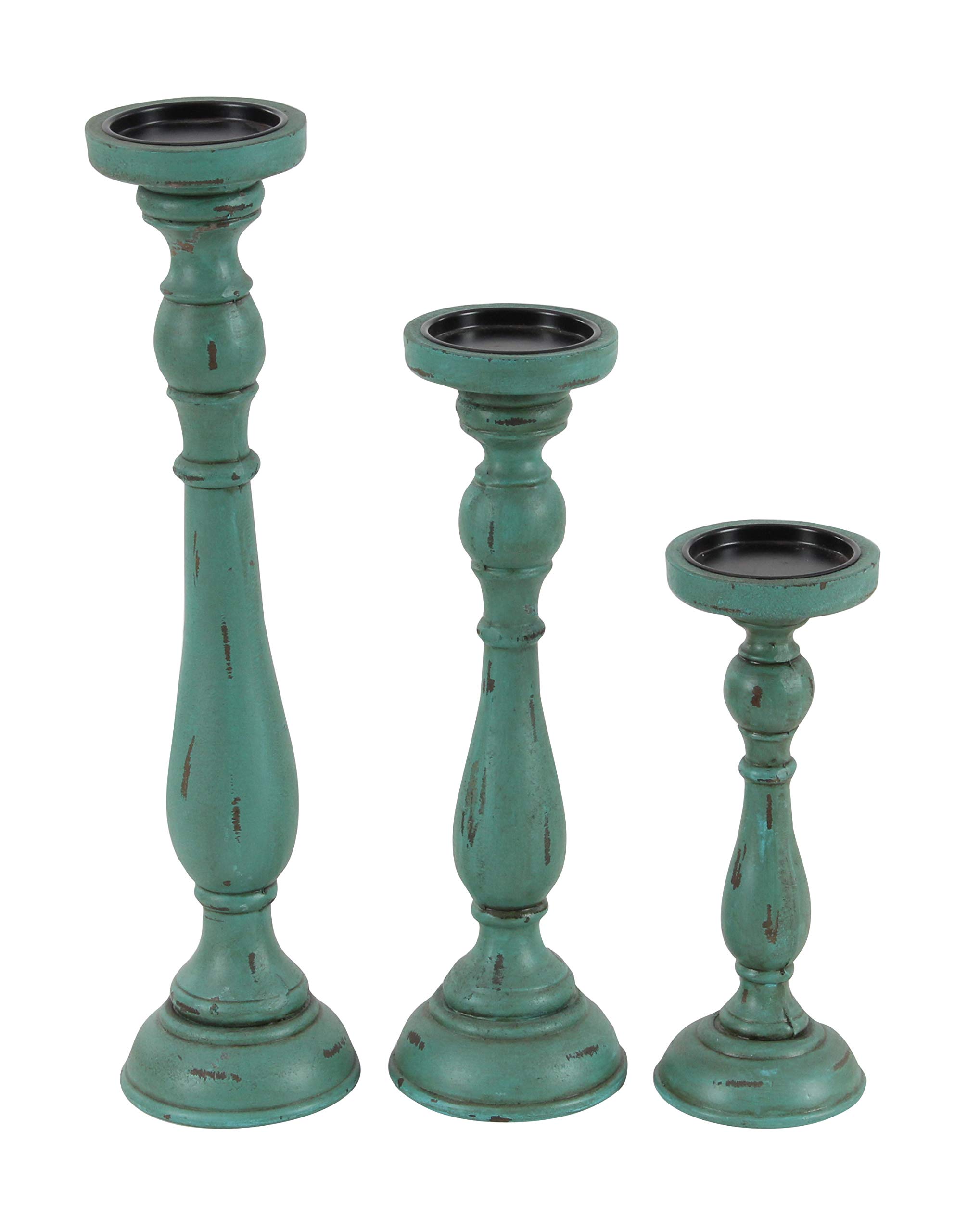 Deco 79 Distressed Wooden Candle Holder Set of 3 - Teal Turned Candlestick Stands 19