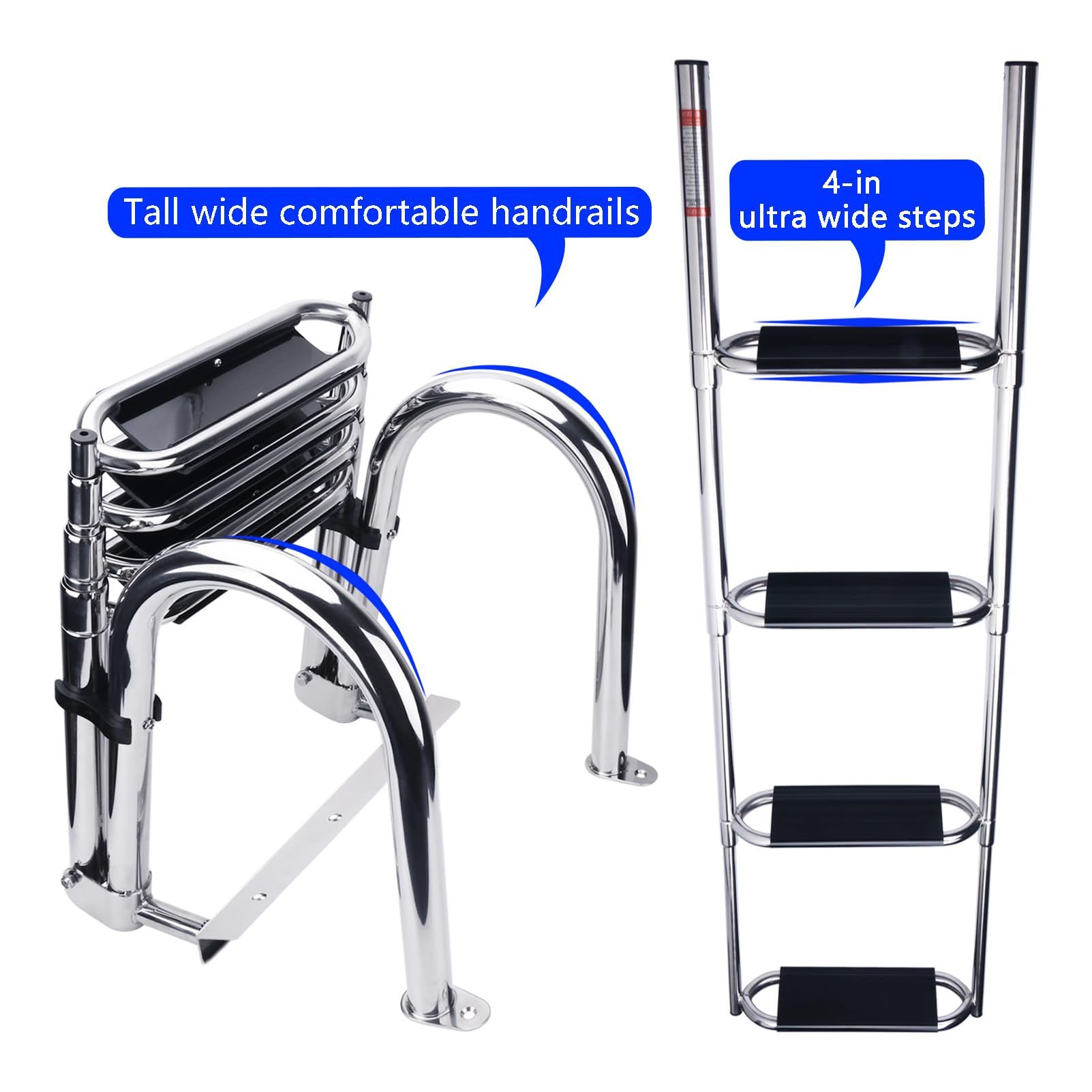 Heavy Duty 316 Stainless Steel 4-Step Telescoping Pontoon Boat Ladder with Wide Steps & Strong Handrails - Folding Rear Entry Swim Deck Ladder for Boats, Docks, and Marine Use