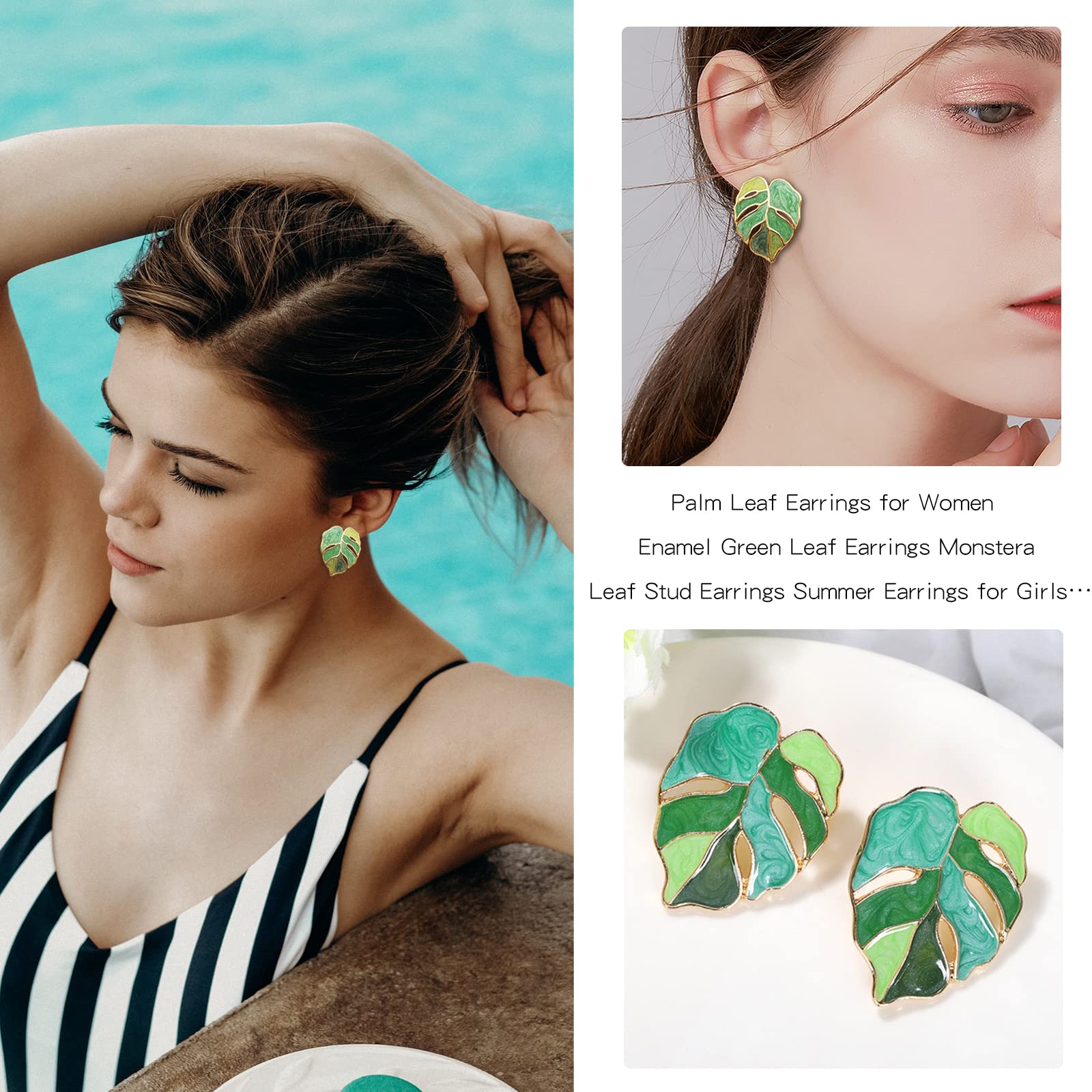 Stylish Palm Leaf Earrings for Women - Enamel Green Monstera Stud Earrings | Summer Fashion Jewelry | Perfect for Beach Vacations, Boho Outfits & Tropical Parties