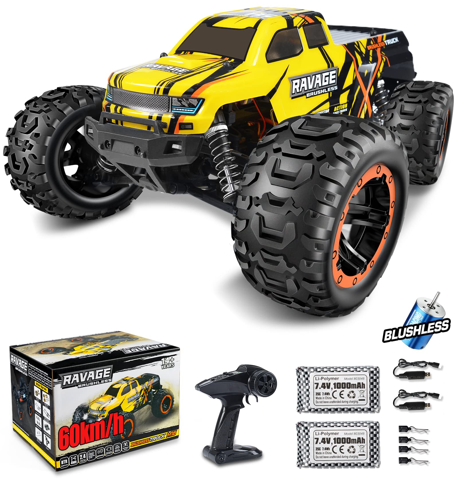 NUOKE 1:16 Scale Brushless RC Car 60km/h High Speed 4WD Off-Road Monster Truck - 2.4GHz Remote Control Vehicle with 2 Batteries for Adults & Kids - Perfect for Backyard Racing, Off-Road Adventures & Hobby Grade Play