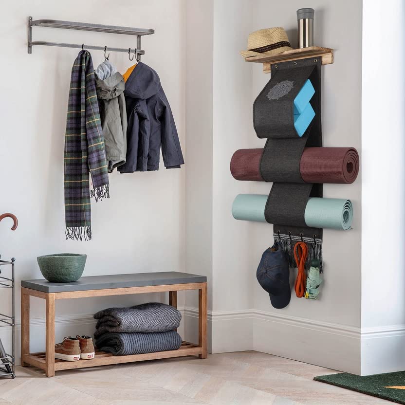 VINAEMO Yoga Mat Holder Wall Mount Organizer - 4 Hooks & Wooden Shelves for Foam Roller, Towel, Resistance Bands Storage - Home Gym, Yoga Studio, Office Decor Accessory - Perfect for Organizing Fitness Equipment and Yoga Accessories