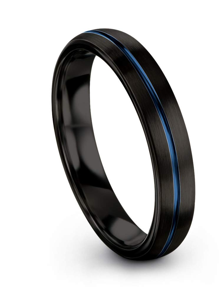 Tungsten Carbide Wedding Band Ring 4mm for Men & Women - Blue Black Center Line, Dome Brushed Polished Finish - Custom Engraved Anniversary & Engagement Ring - Perfect for Couples, Weddings & Special Occasions