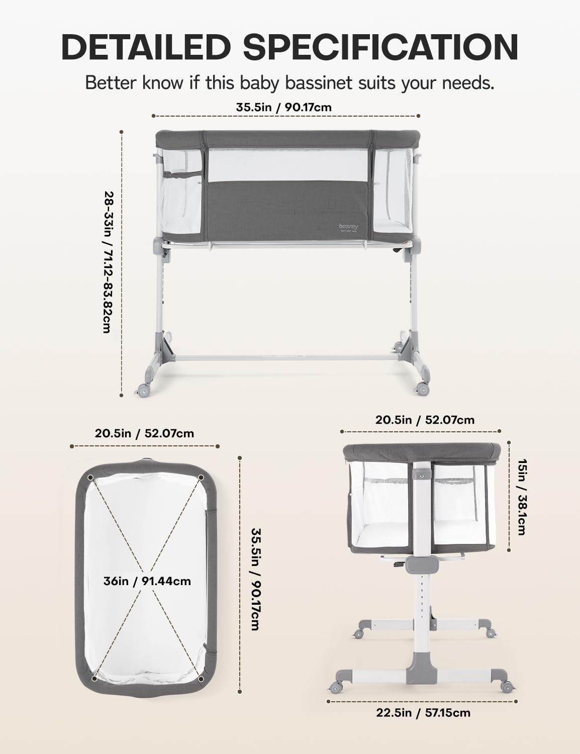 Besrey Baby Bassinet Bedside Sleeper - Breathable Mesh Crib for Newborns with Adjustable Height & 360° Wheels | Portable Infant Bed with Storage Pockets | Perfect for Nursery, Bedroom & Travel