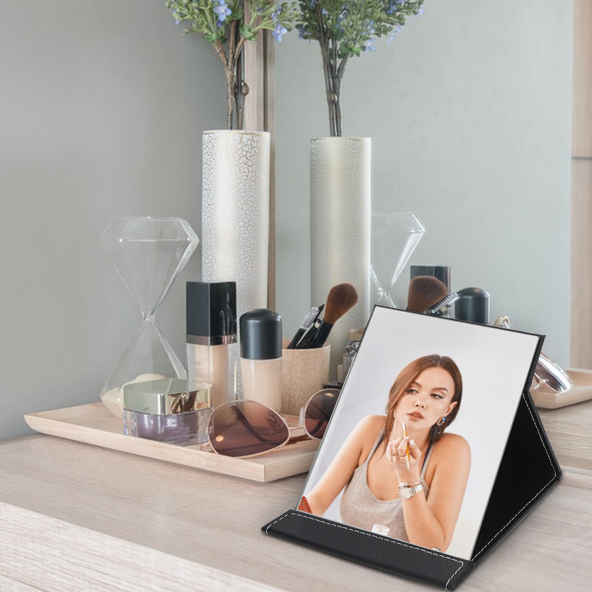 EFAILY Folding Travel Mirror - Portable Adjustable Rectangular Ultrathin Vanity Mirror with PU Cover - Perfect for Travel, Camping, Home & Makeup (8.7