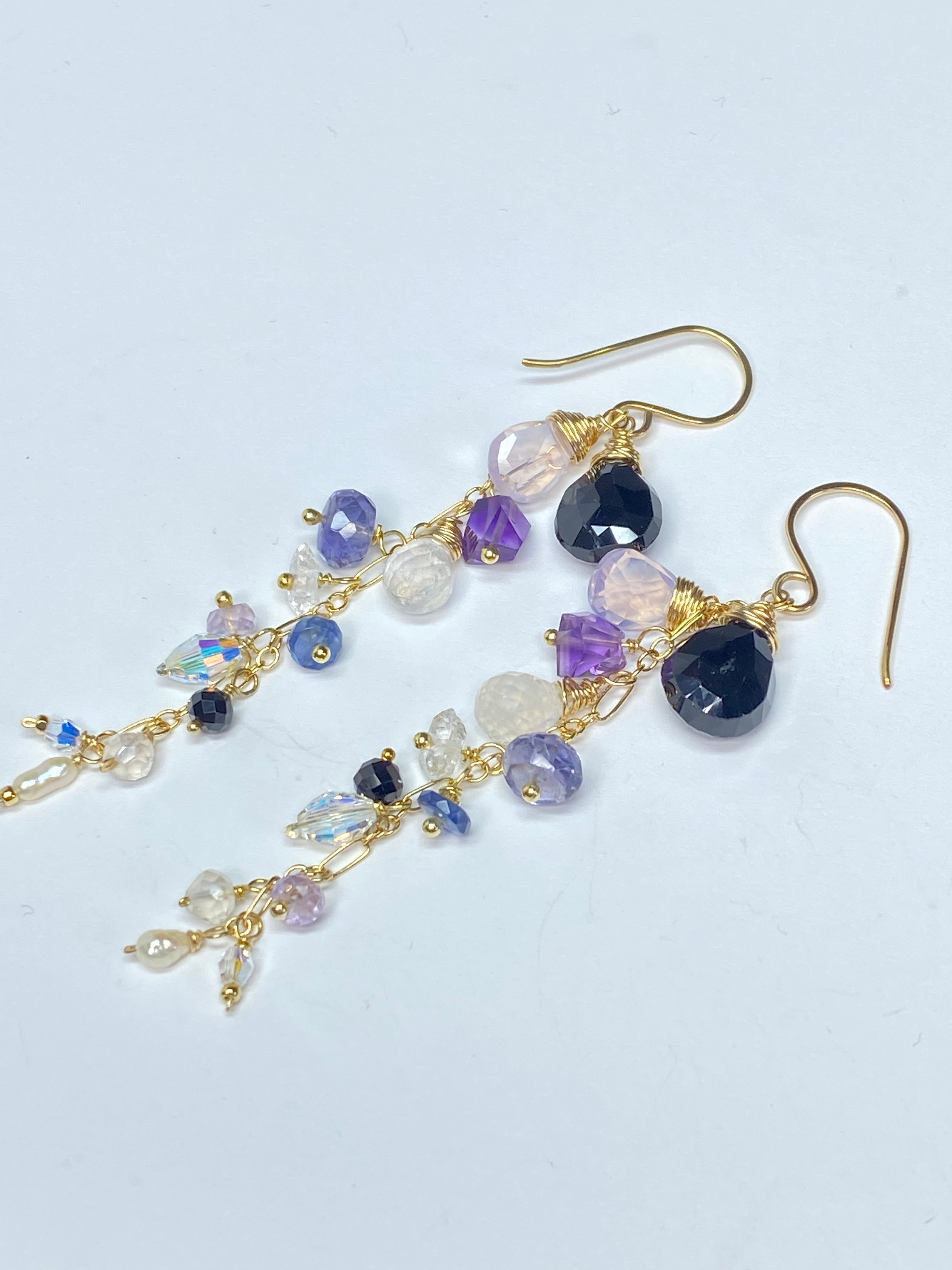 Amethyst Scorolite Black Spinel Long Dangle Earrings - Elegant Bohemian Statement Jewelry for Women | Perfect for Parties, Weddings & Special Occasions