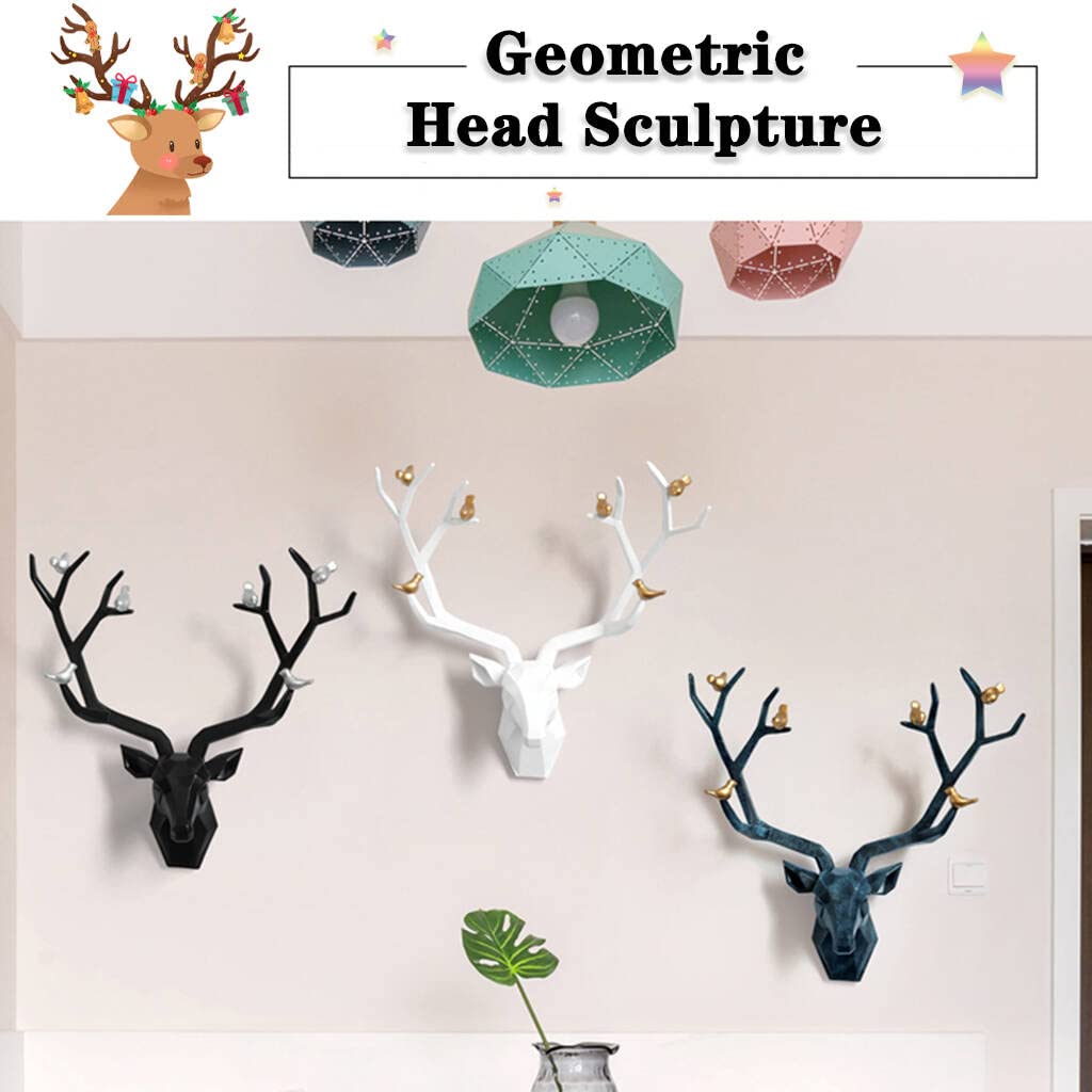 Rustic Geometric Deer Head Wall Decor - Handmade Resin Faux Taxidermy Animal Sculpture with Detachable Antlers - 6 Styles (Blue, 20.1x20.4 Inch) - Perfect for Porch, Living Room, Cabin & Farmhouse Decor