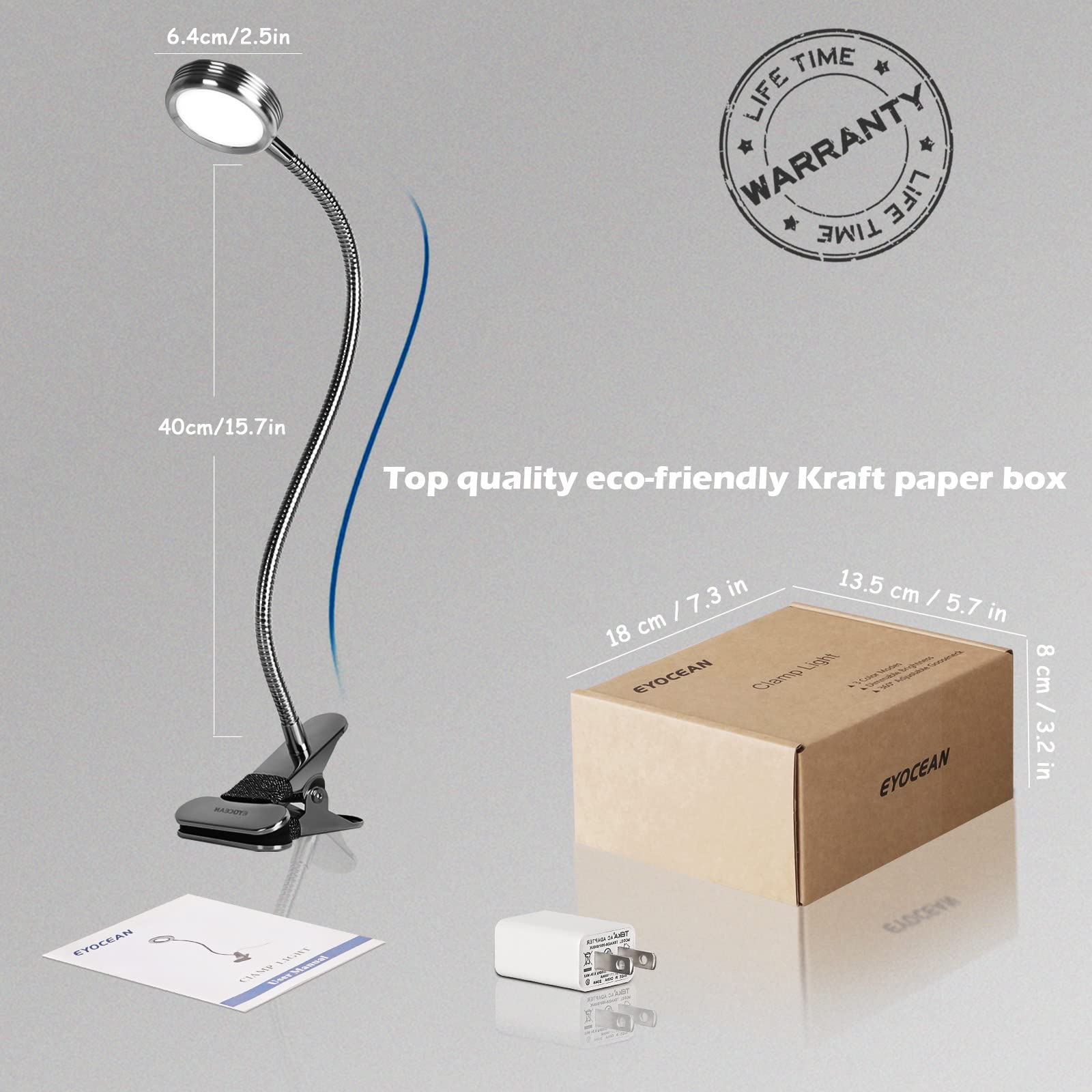 Dimmable LED Clip-On Reading Light with 3 Modes & 9 Brightness Levels - Flexible Desk Lamp for Bed Headboard, Office, Study - Perfect for Night Reading, Working & Studying (5W, Silver, AC Adapter Included)