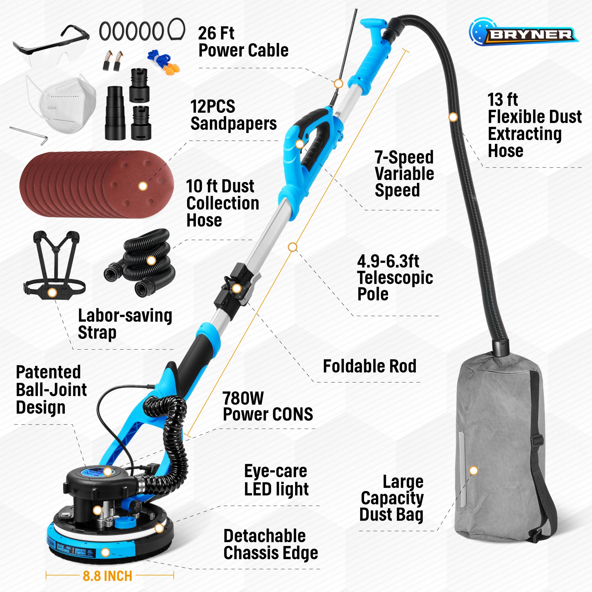 780W Electric Drywall Sander with Vacuum Attachment - 7 Speed Adjustable 900-1800RPM, Dustless Floor Sander with Labor-Saving Back Belt for Popcorn Ceiling, Walls & Floors - Perfect for Home Renovation, Construction and DIY Projects