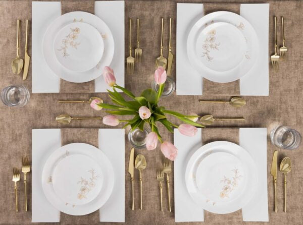 32-Pack White and Gold Round Plastic Dinnerware Set for 16 Guests - Elegant Disposable Plates, Forks, Knives & Spoons - Perfect for Weddings, Parties, and Outdoor Events