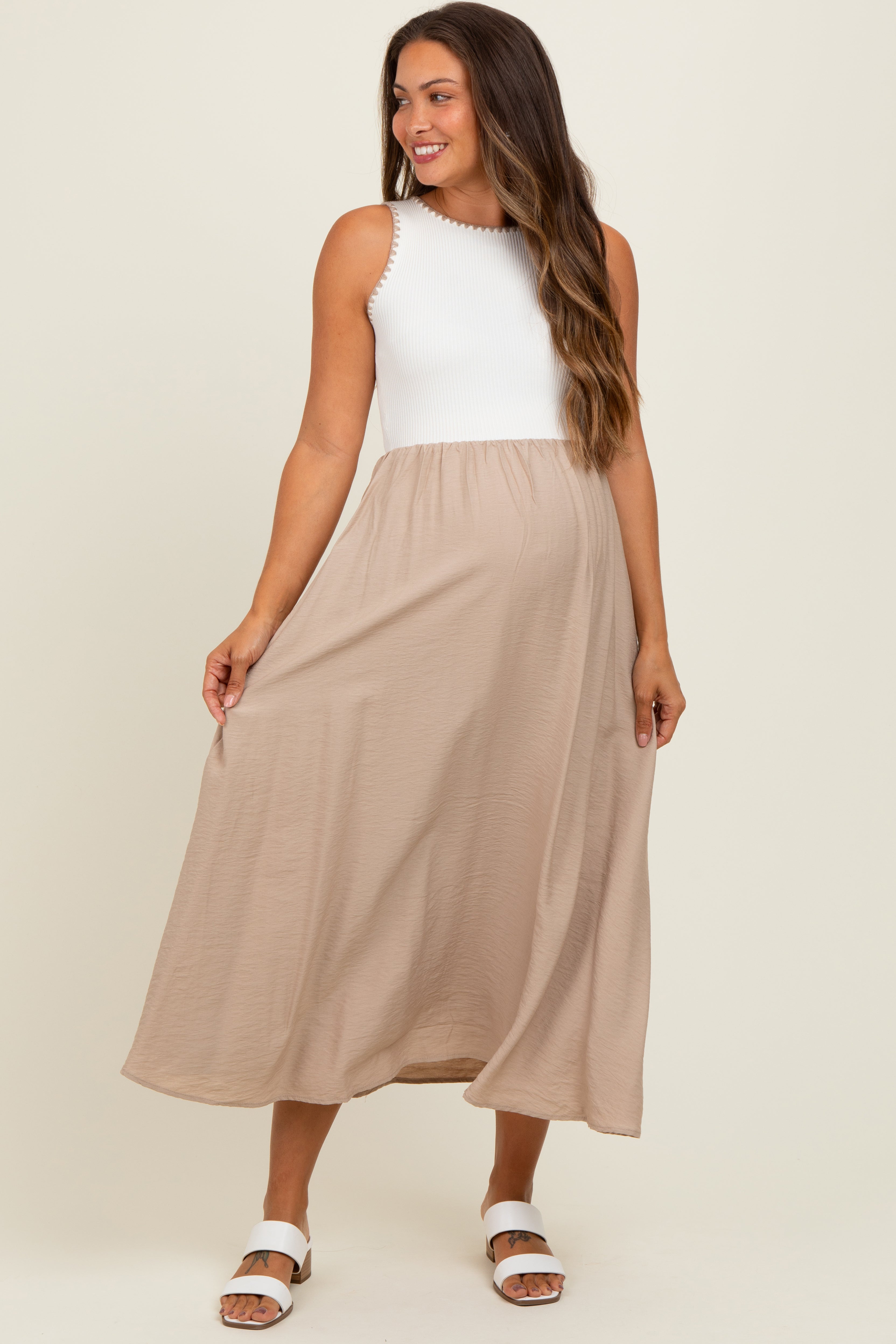 Beige Contrast Knit Sleeveless Maternity Midi Dress for Pregnancy - Comfortable Nursing Dress for Moms, Perfect for Baby Showers, Maternity Photos & Everyday Wear