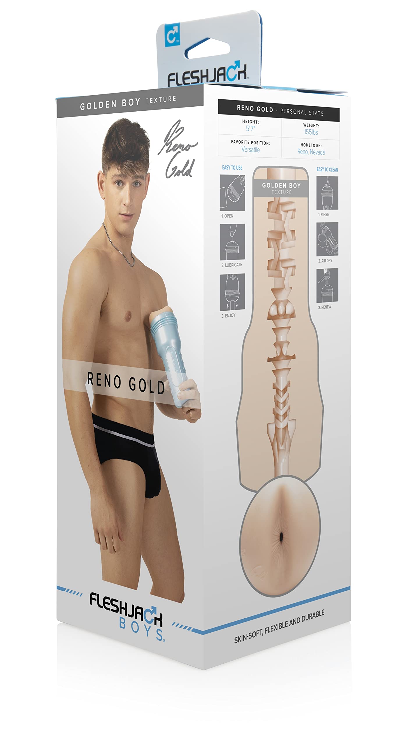 Realistic Fleshlight Male Masturbator - Reno Gold Goldenboy Adult Sex Toy for Men | Lifelike Male Sex Toy for Solo Pleasure & Couples Play | Discreet & Easy to Clean